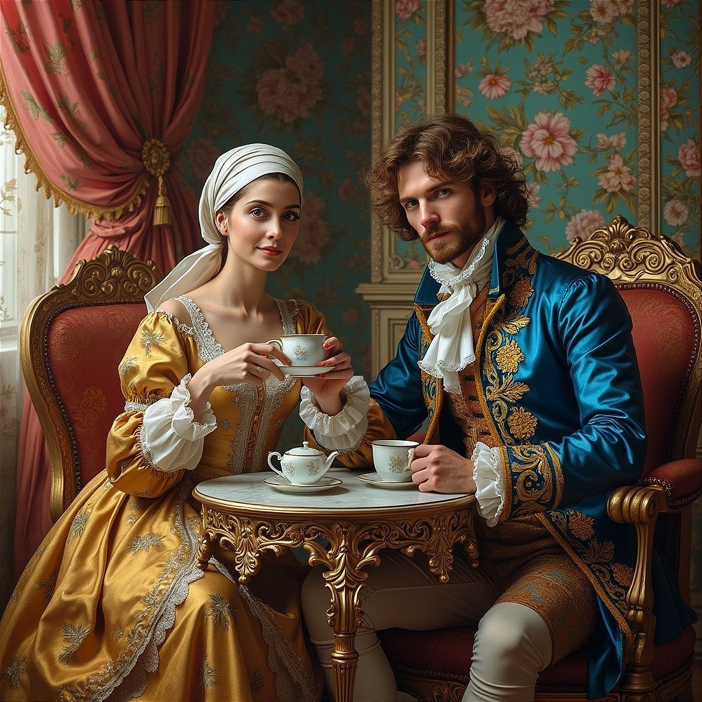 Couple in 18th-Century Attire in Luxurious Setting