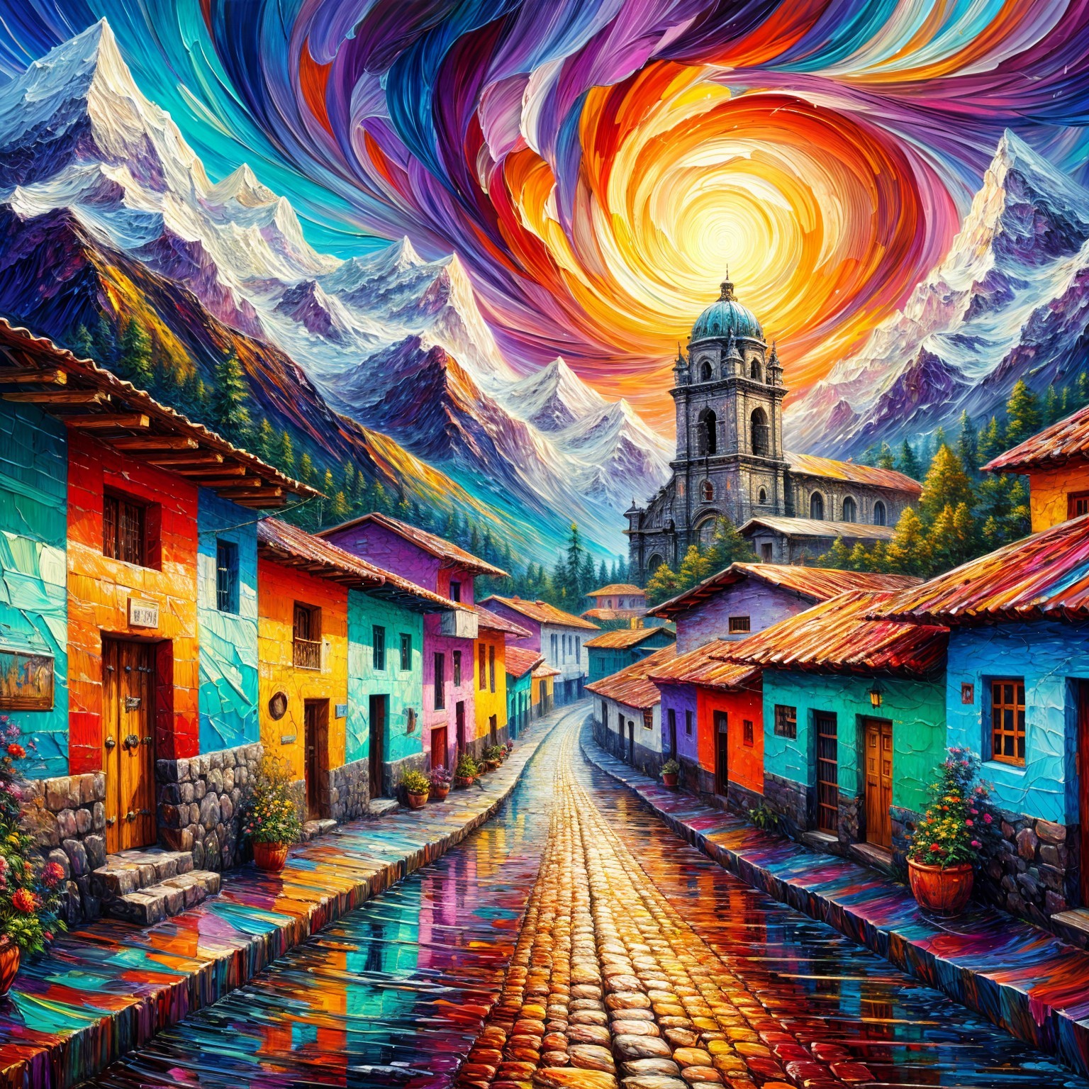 Colorful Street Scene with Quaint Houses and Mountains