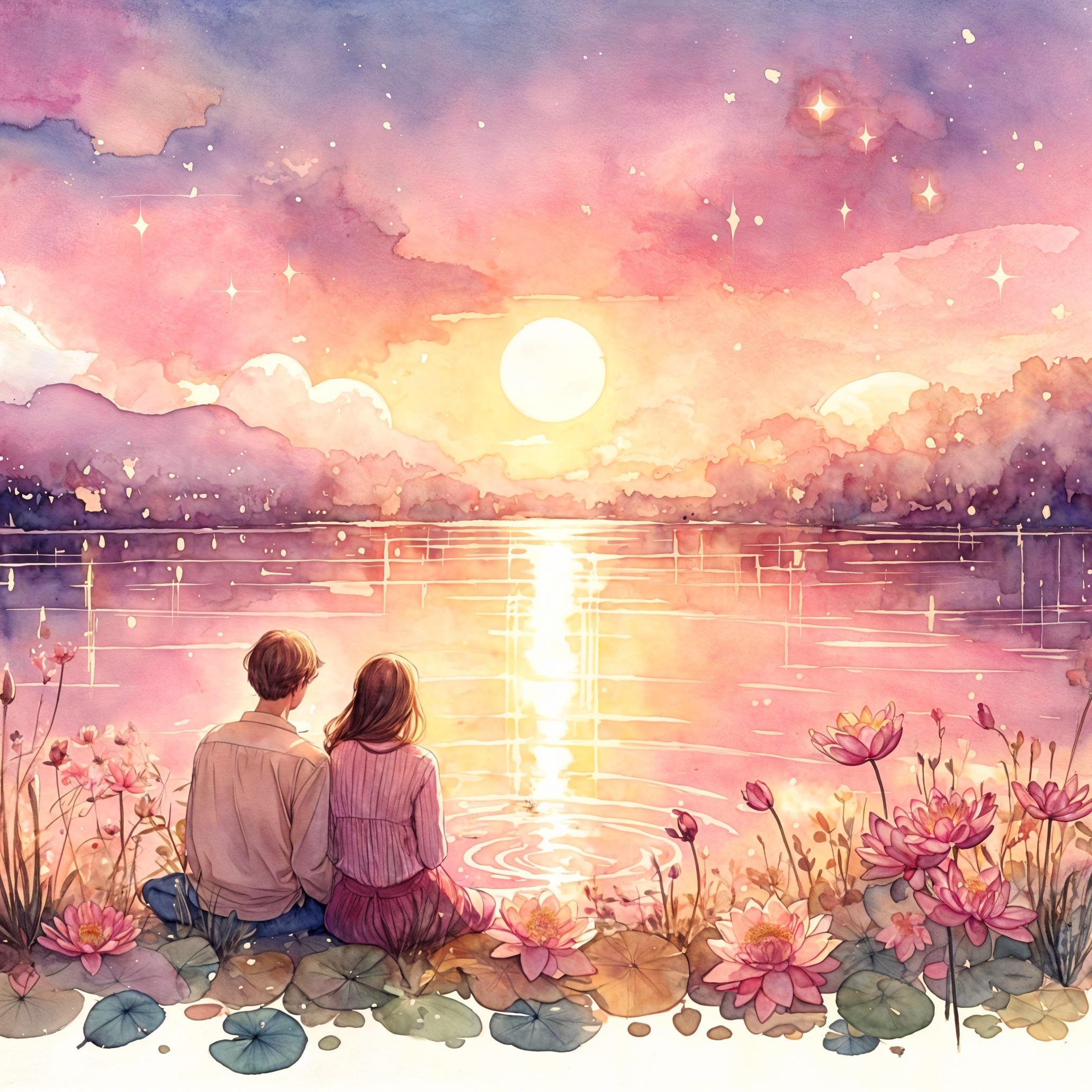 Watercolor Scene of Couple by Tranquil Sunset Lake