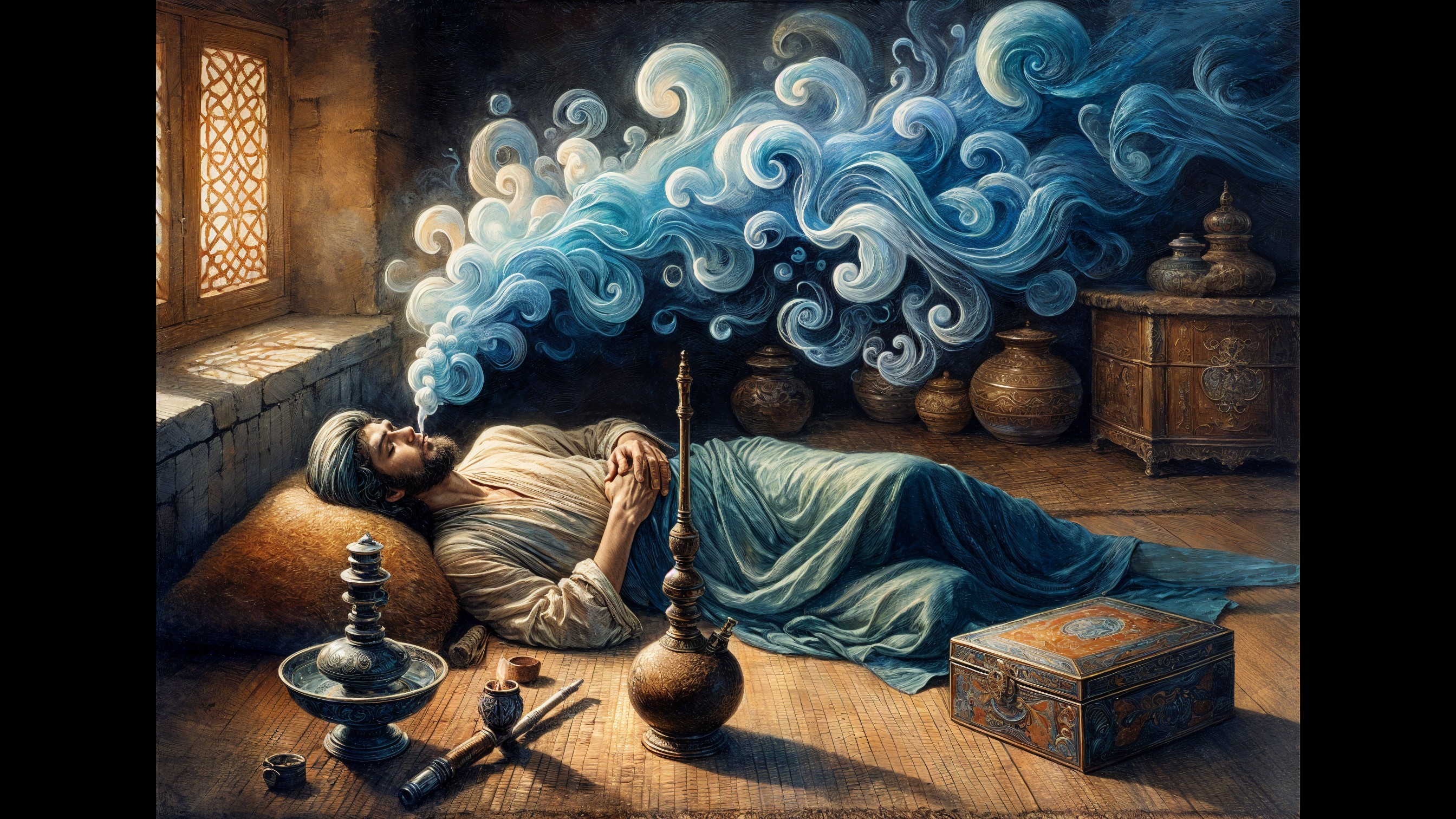 Man Reclining with Smoke in Dimly Lit Room