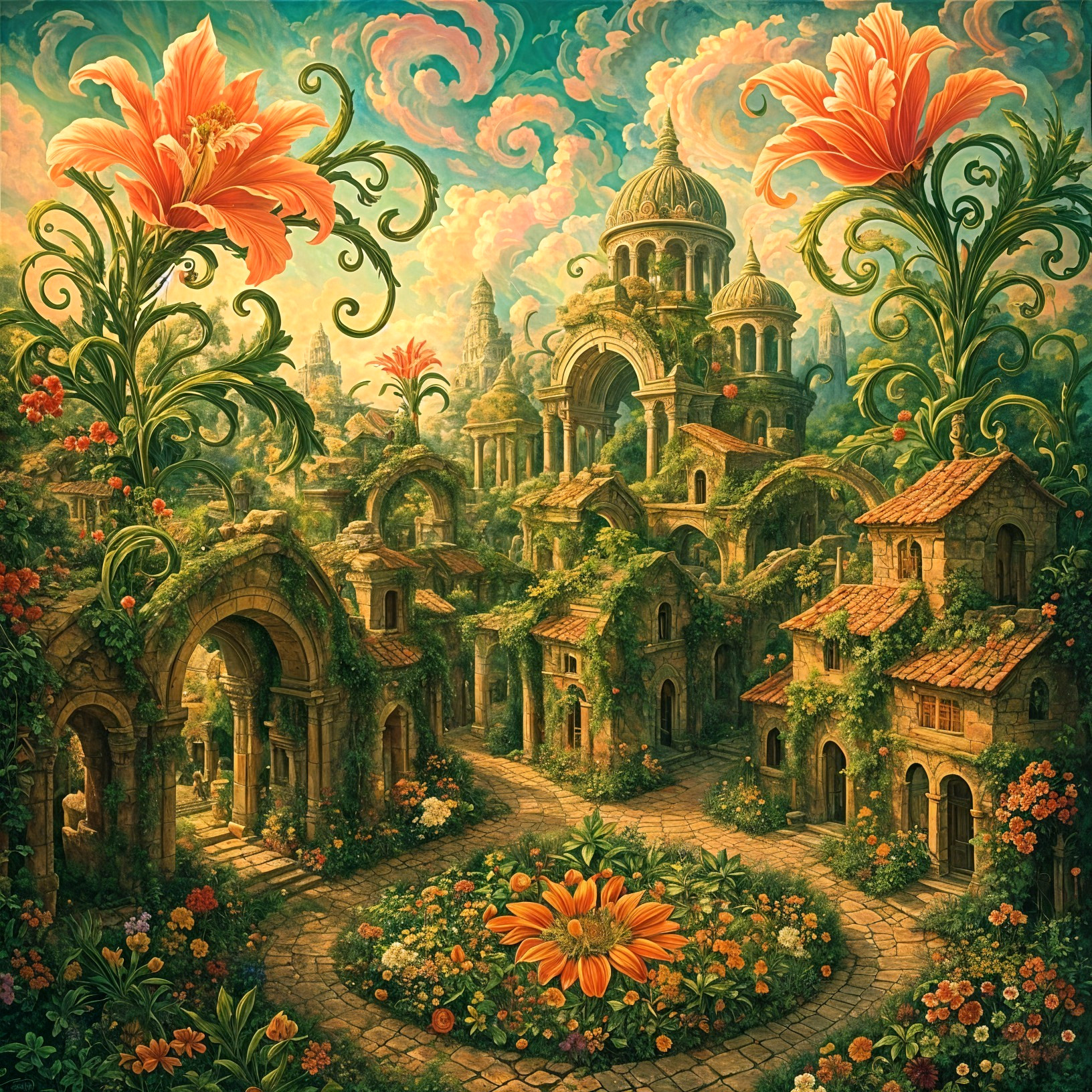 Whimsical Landscape with Vibrant Flowers and Domes