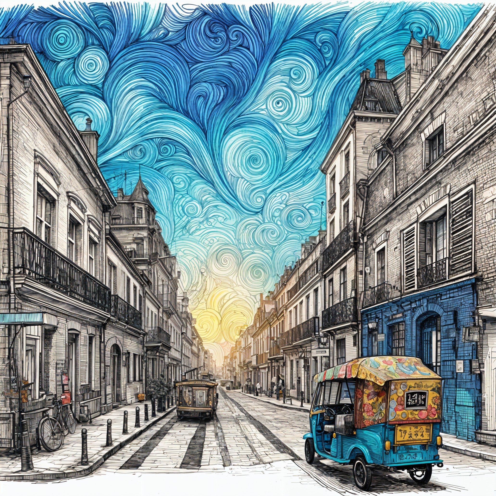 Vibrant Street Scene with Colorful Tuk-Tuks and Buildings