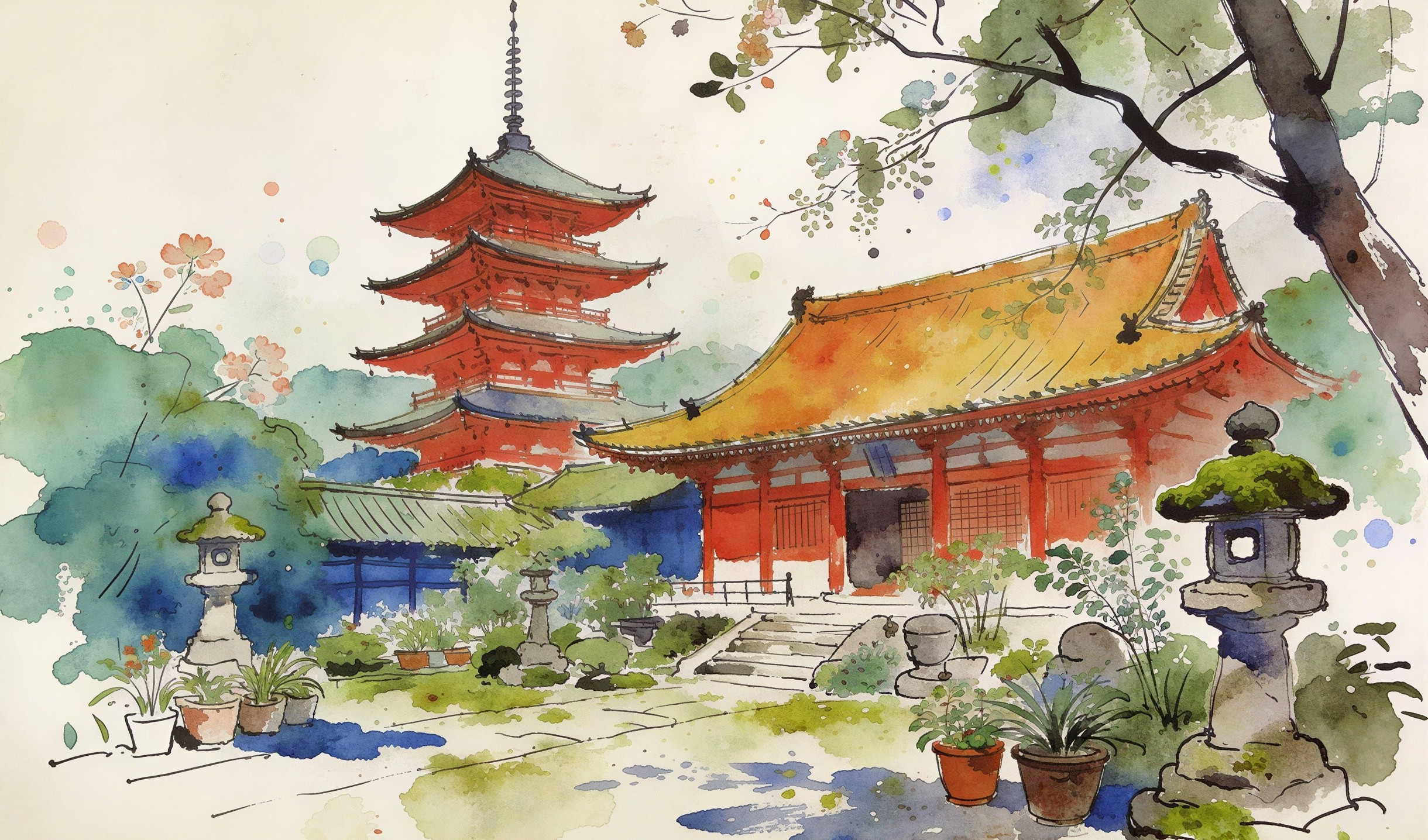 Watercolor Painting of a Japanese Garden with Pagoda