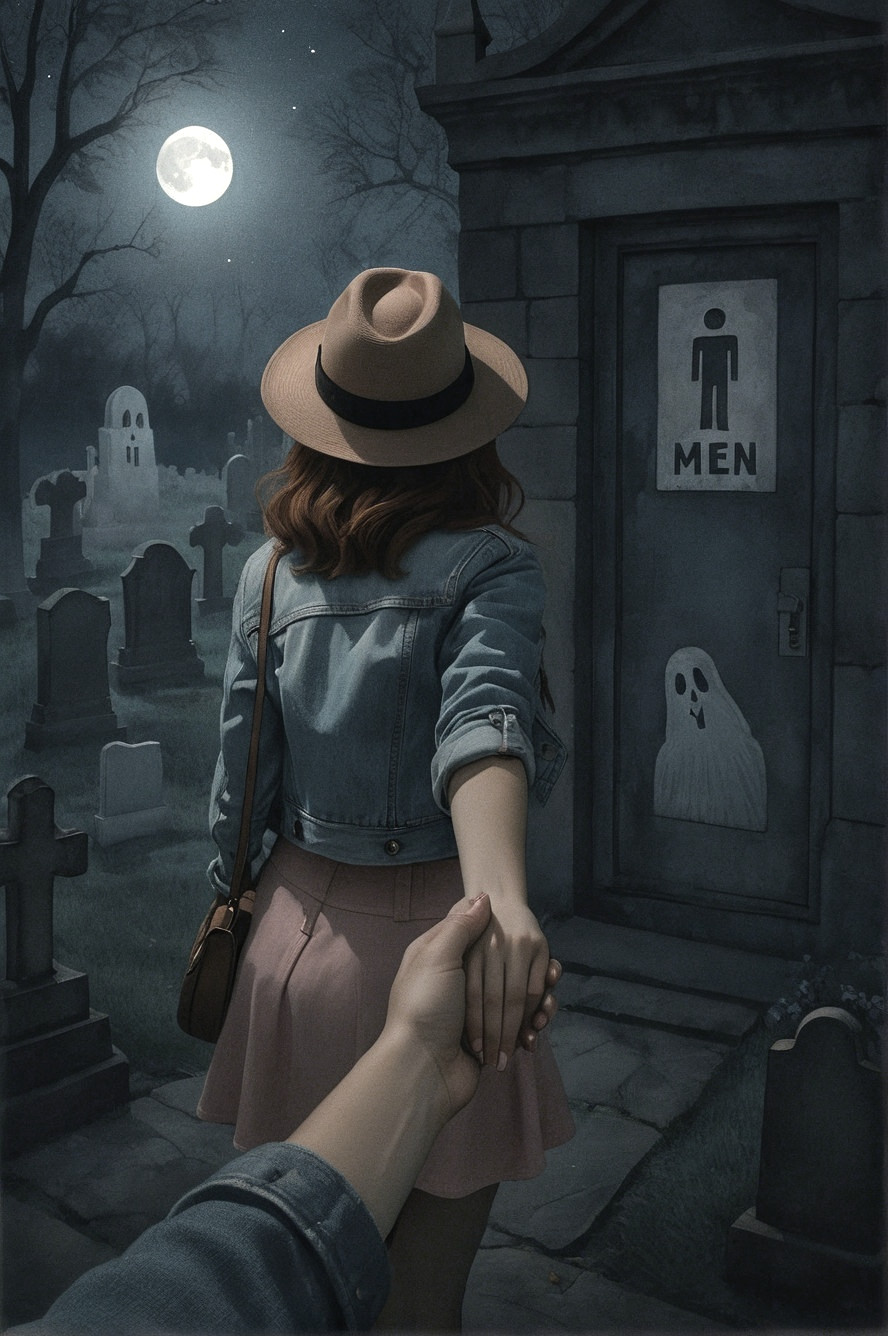 Woman in Denim Jacket in Moonlit Graveyard Scene