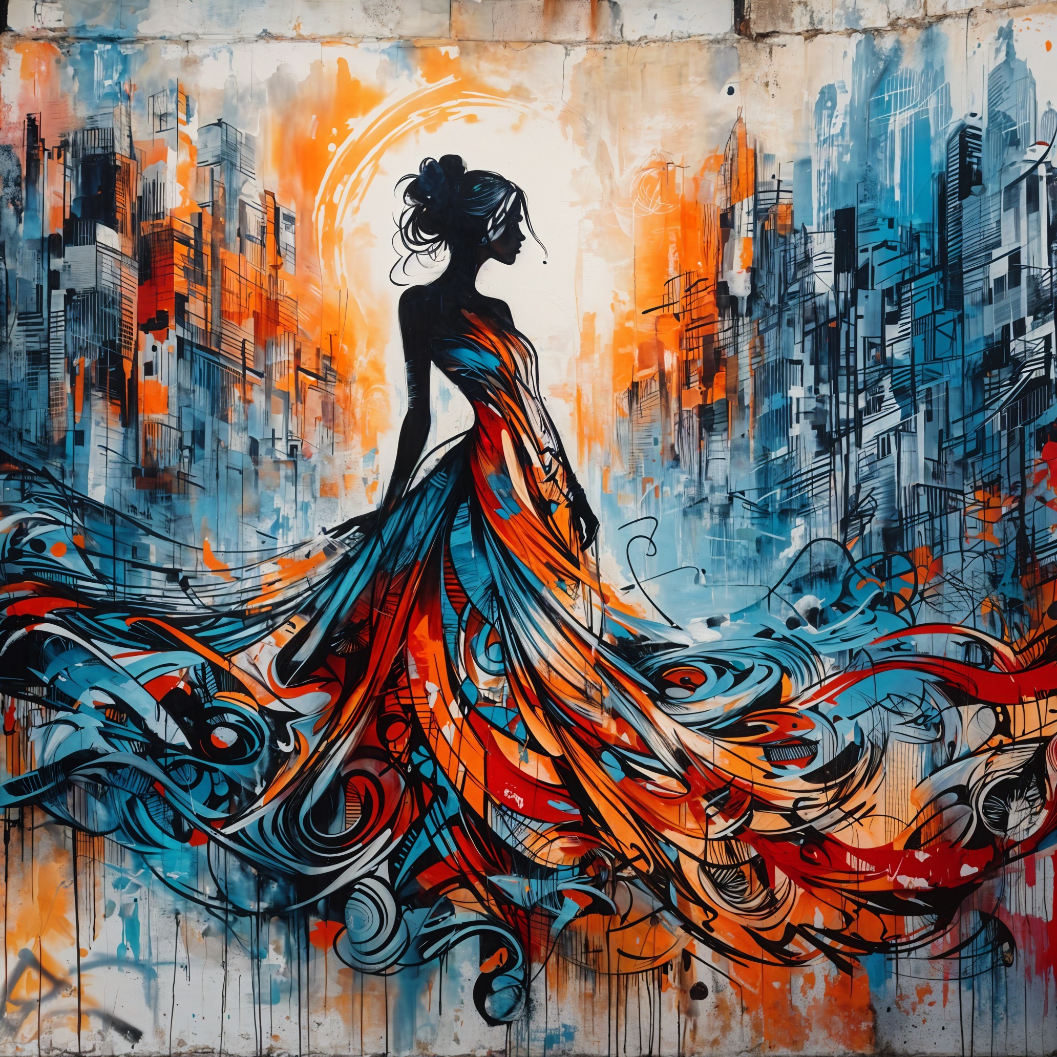 Graffiti Mural of Silhouetted Woman in Cityscape