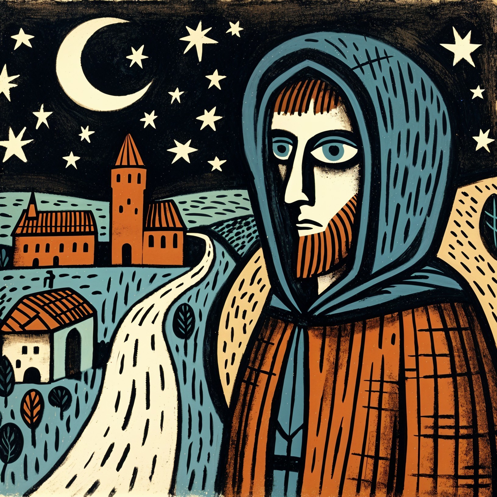 Cloaked Figure Under Starry Sky with Villages and Moon