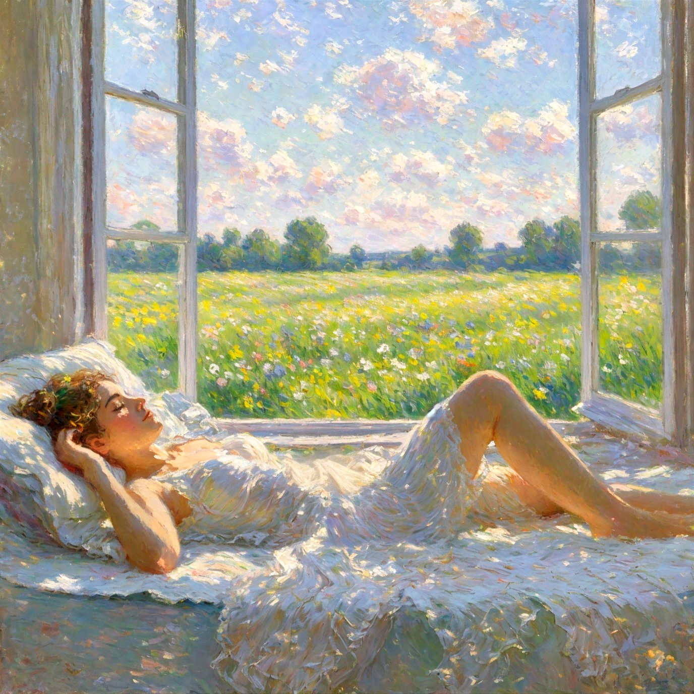 Serene Woman in Sunlit Room with Flower Field View
