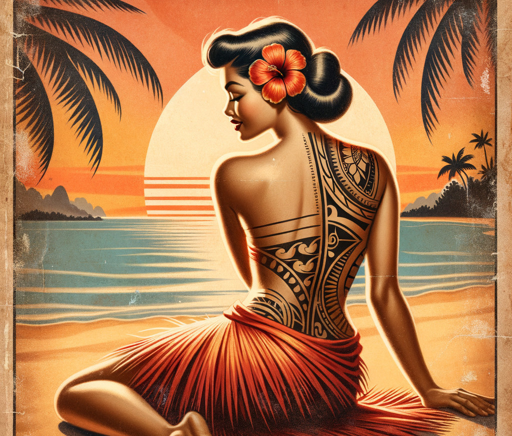 Woman with Tribal Tattoos at Sunset on Beach