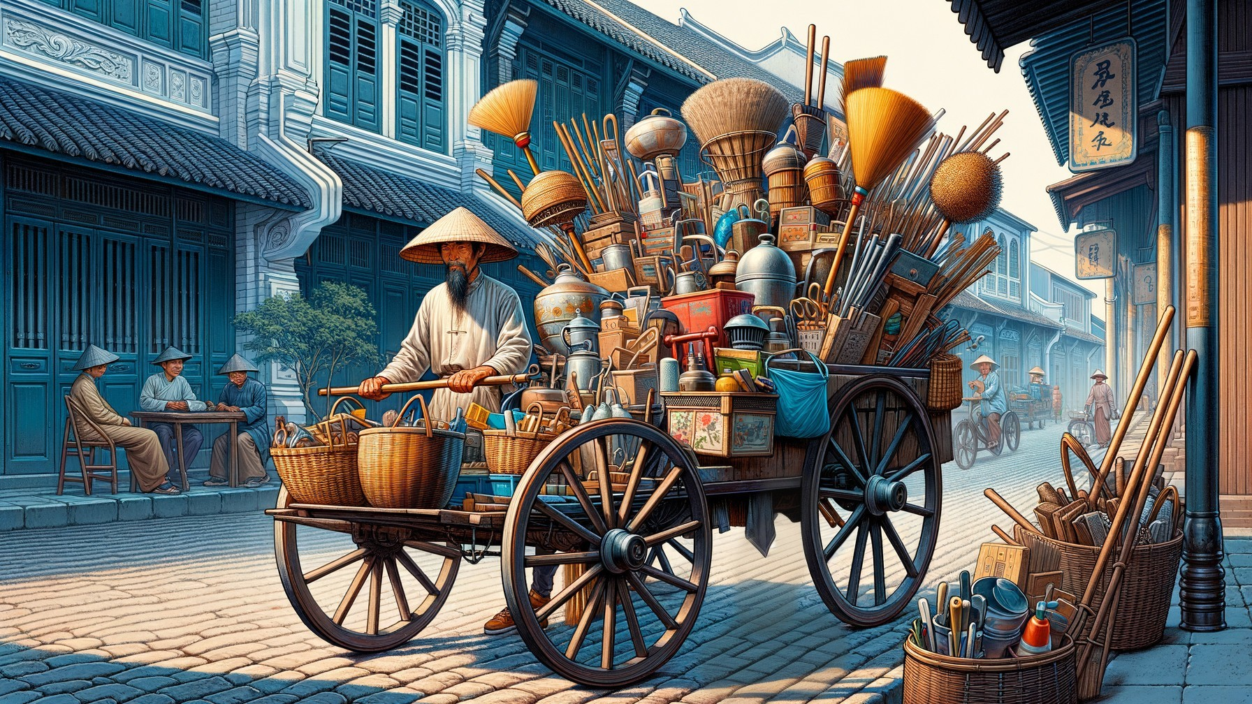 Ancient Town Street Scene with Vibrant Vendor Cart