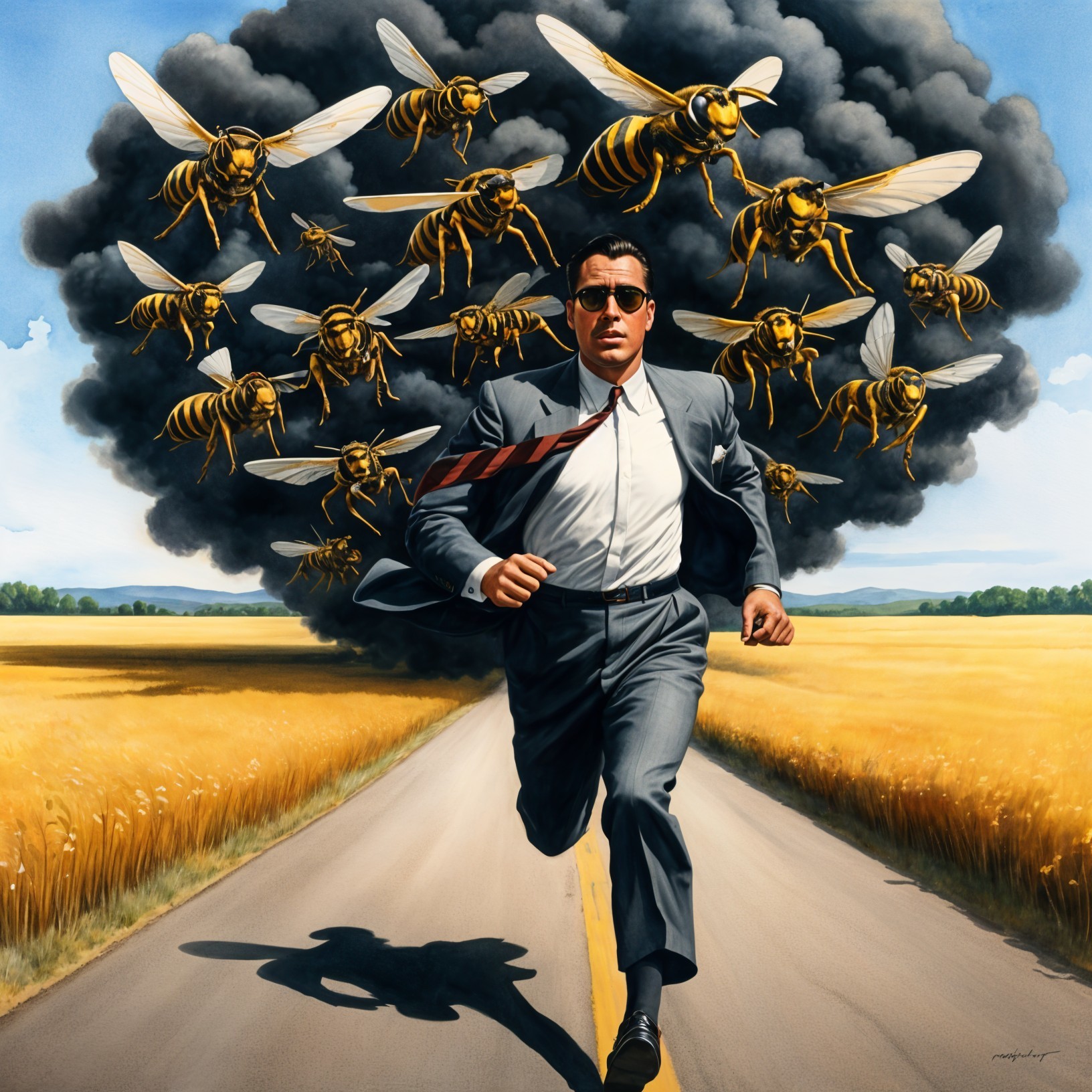 Man in Suit Running from Swarm of Menacing Bees