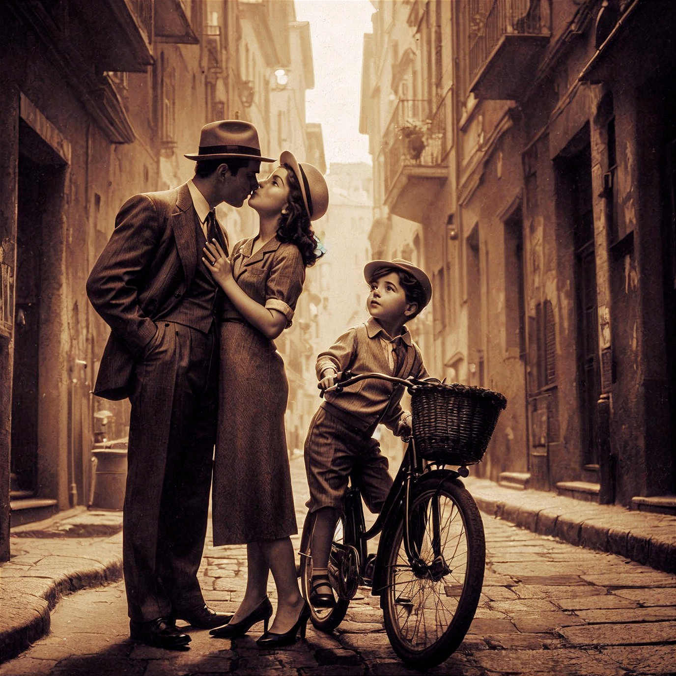 Couple Kissing in Vintage Street with Nostalgic Charm