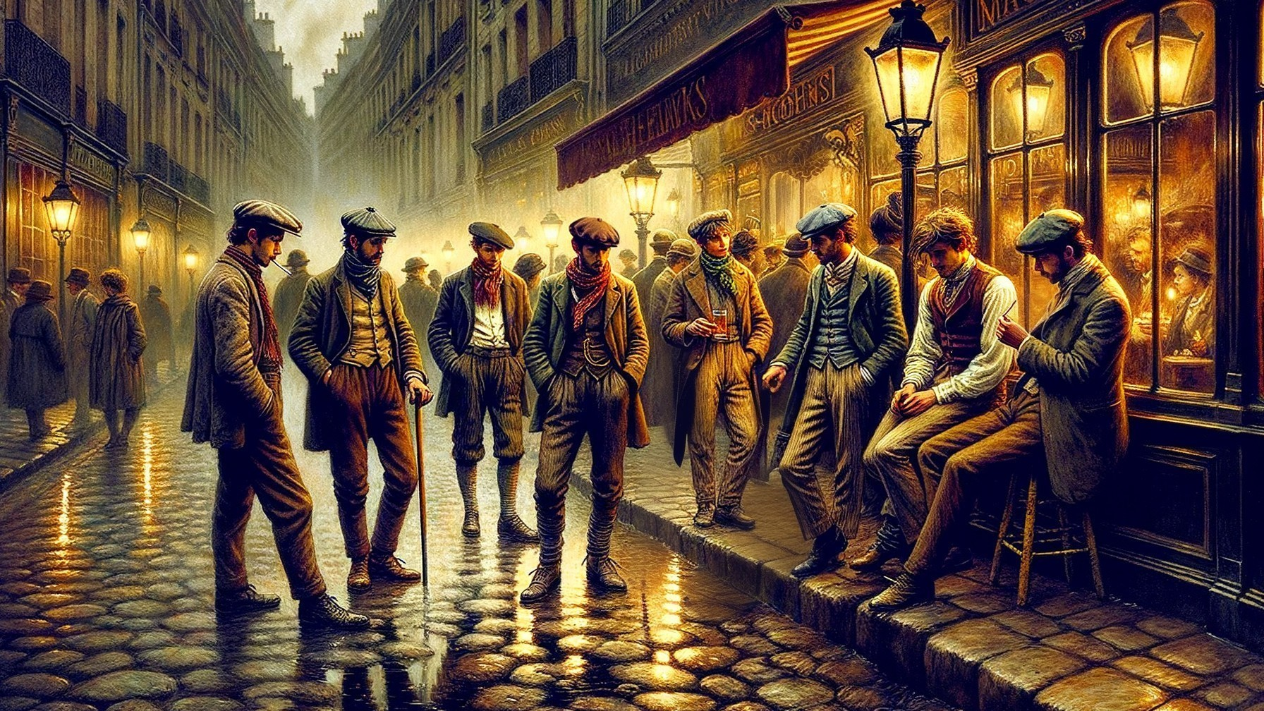 Elegant Men in 20th-Century Attire on Cobblestone Street