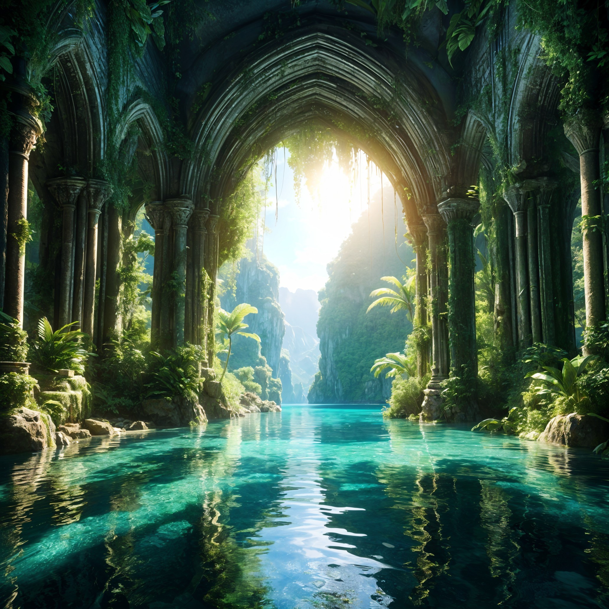 Tropical Landscape with Ancient Stone Archway and Water