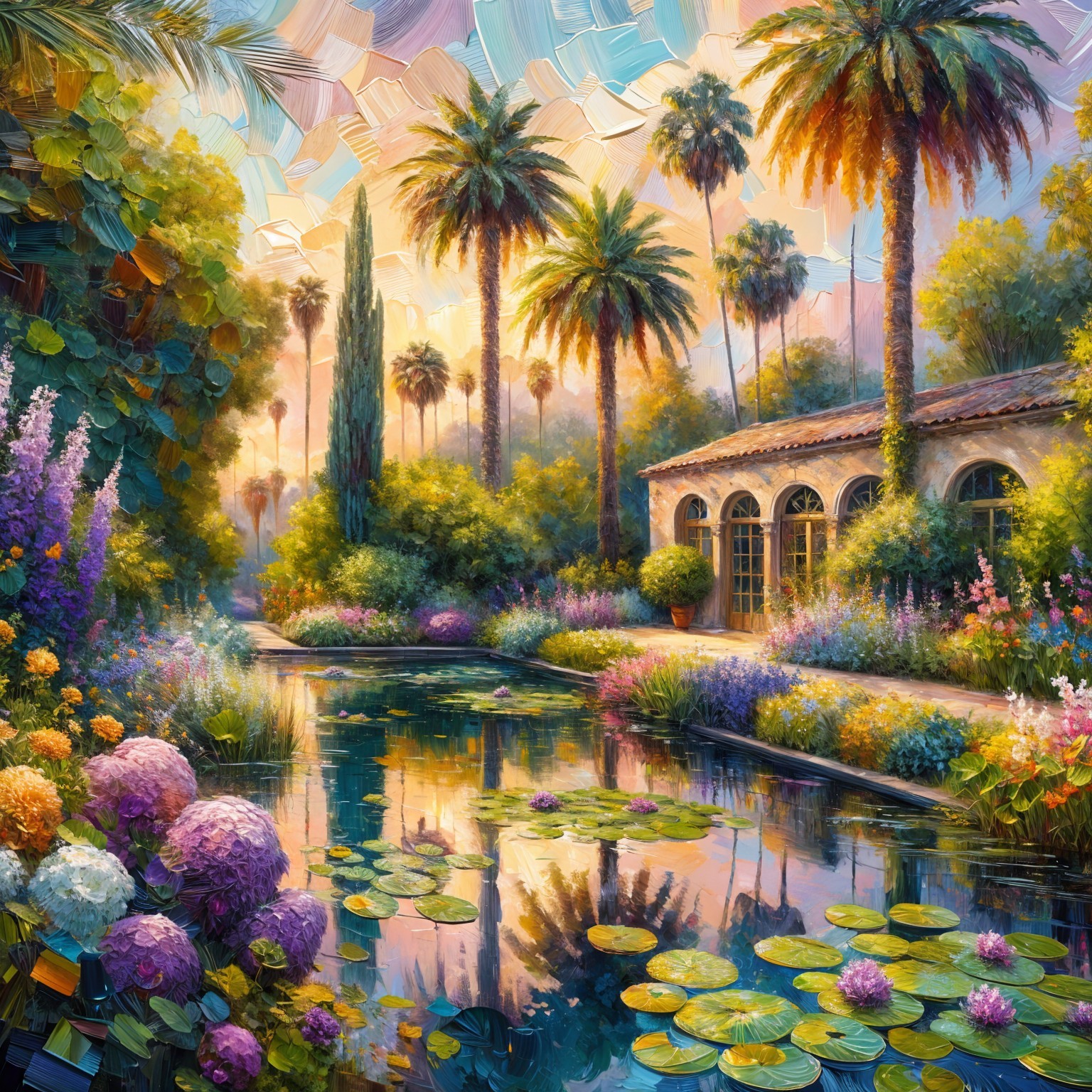 Serene garden scene with palm trees and flowers