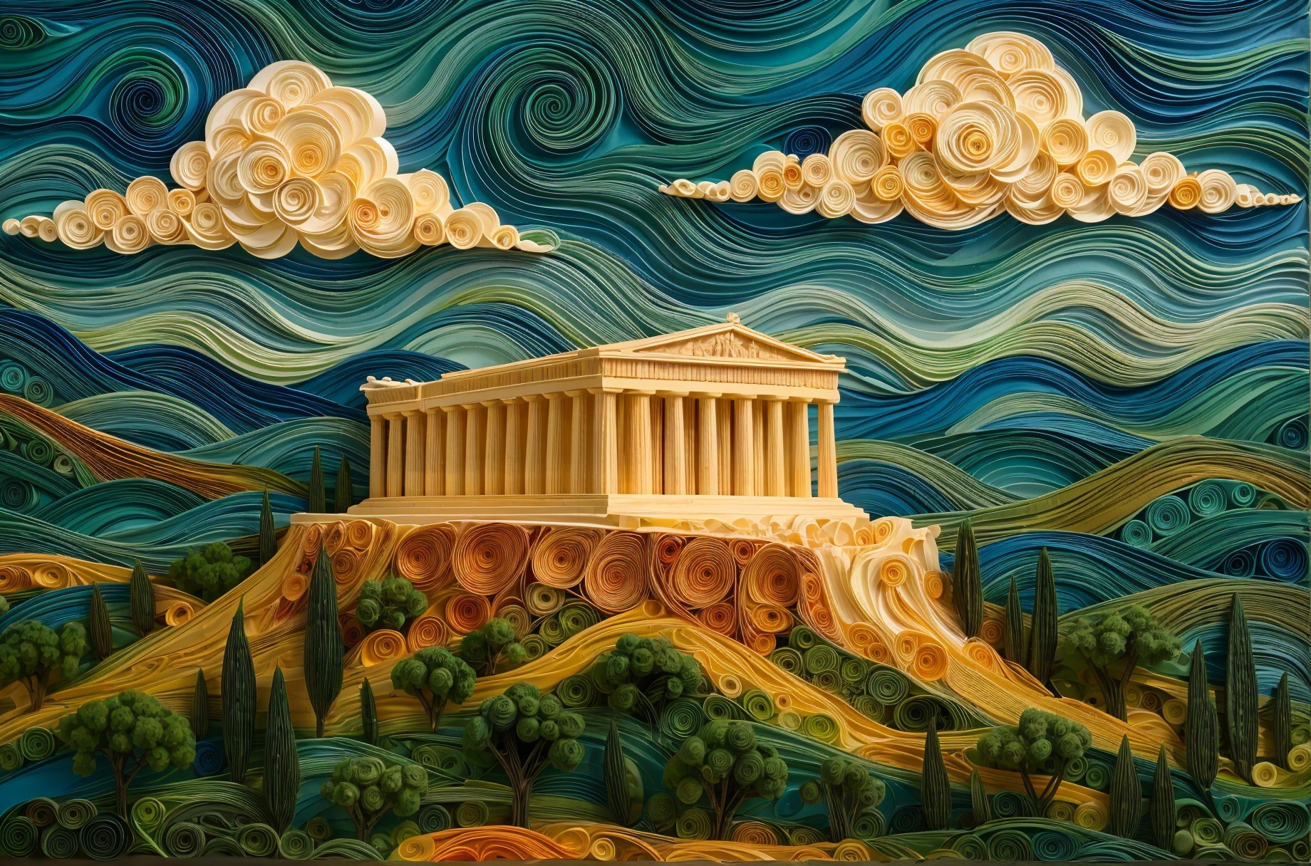 Vibrant Quilled Art of the Parthenon in Dynamic Sky