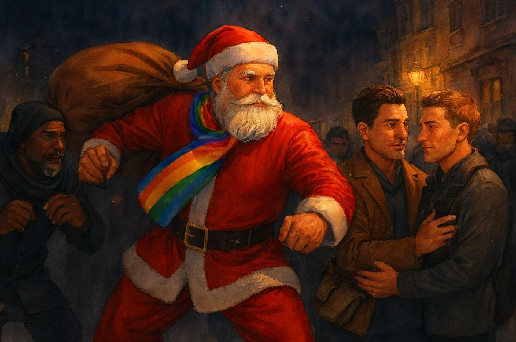 Santa Claus in Red Suit and Rainbow Scarf Confronts Adversaries