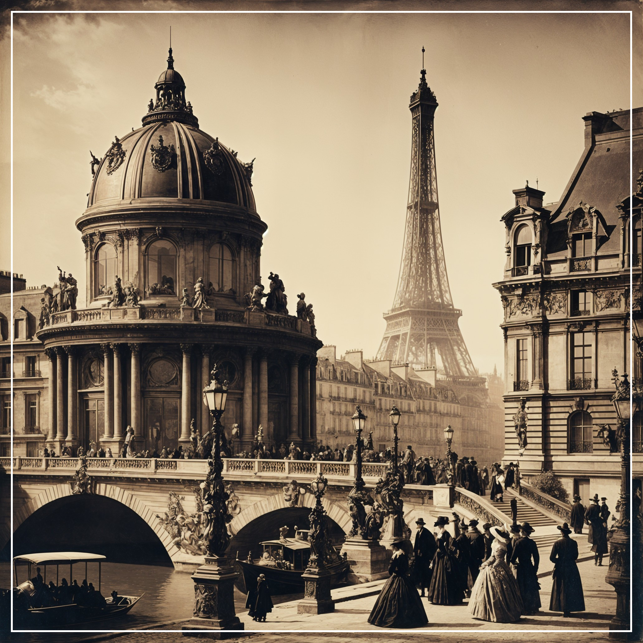 Vintage Paris Scene with Eiffel Tower and Dome Building