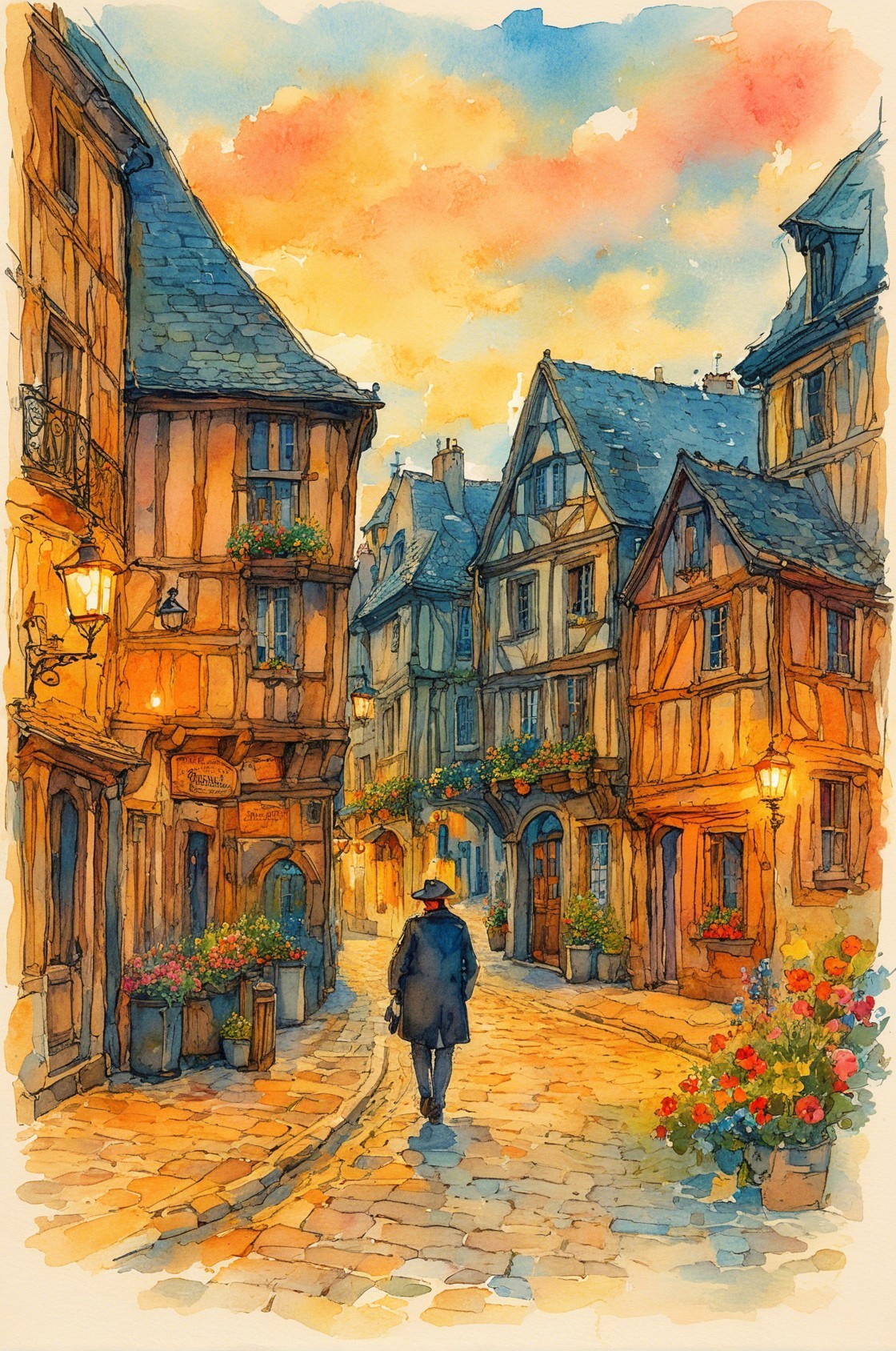 Picturesque Medieval Village Street at Sunset