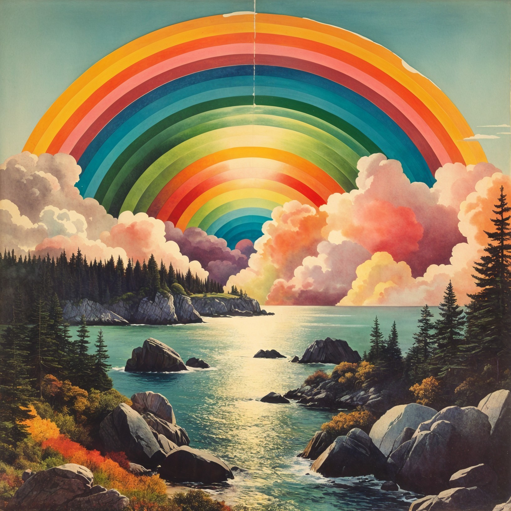 Vibrant Coastal Landscape with Colorful Rainbow