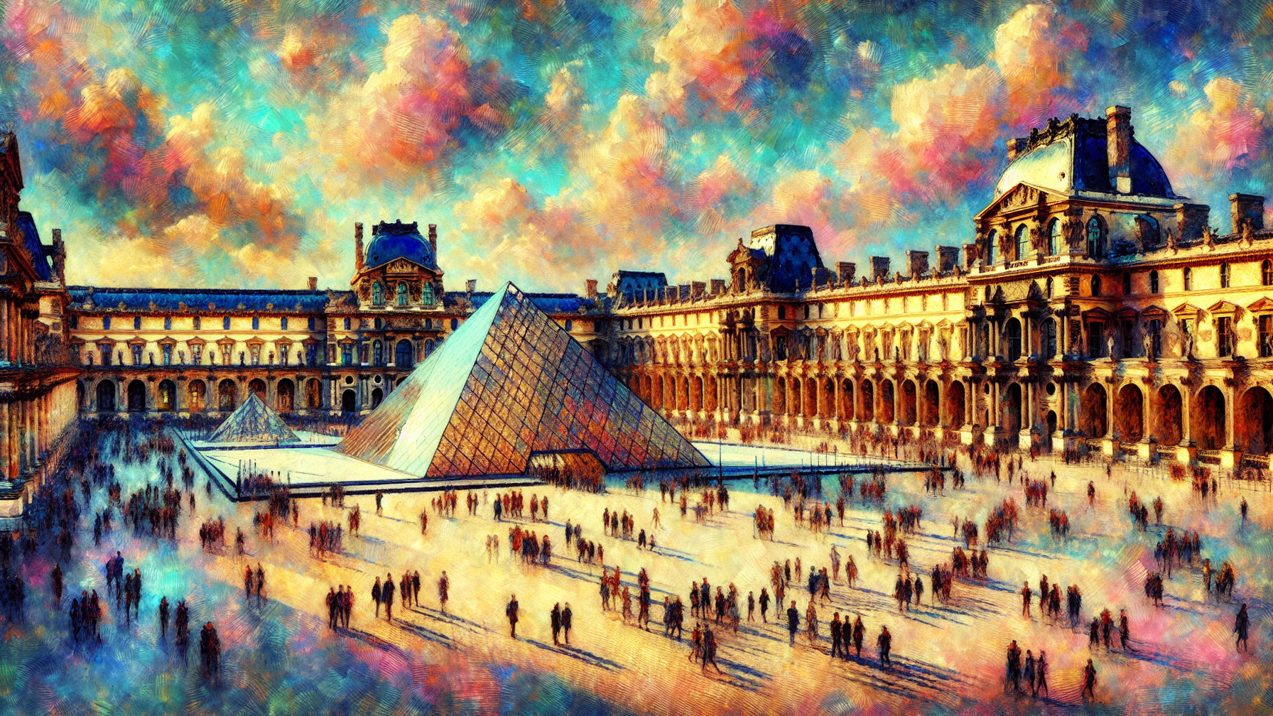Louvre Museum with Glass Pyramid and Courtyard Scene