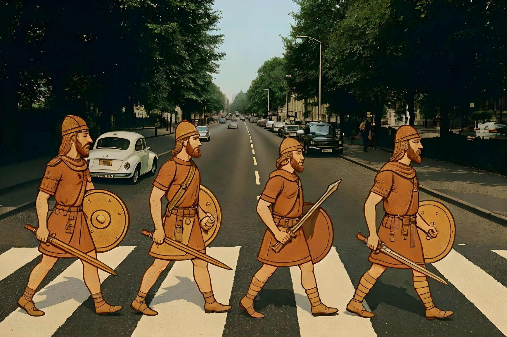 Viking Warriors in Traditional Attire on Urban Street