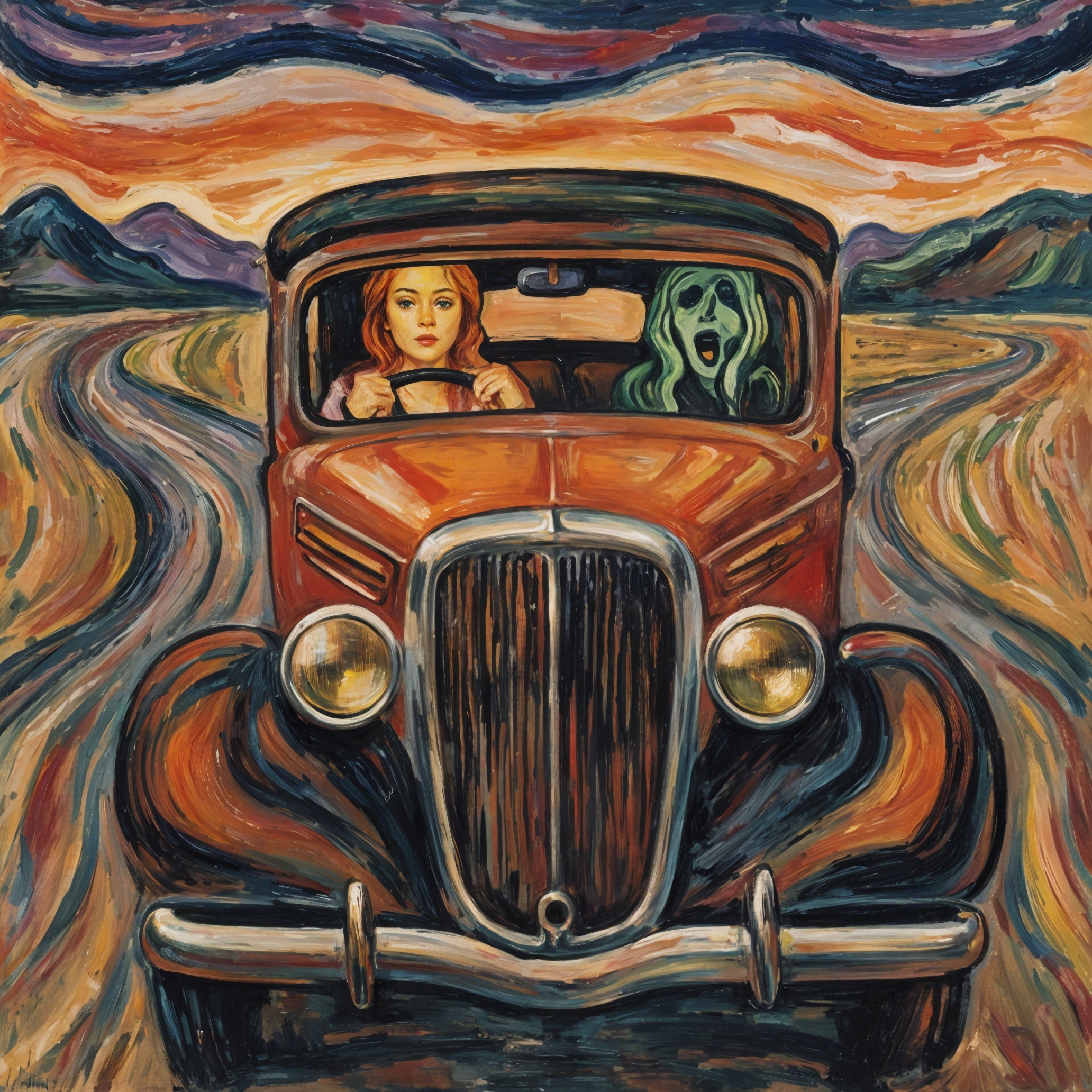 Vibrant Landscape with Woman and Ghostly Figure in Car