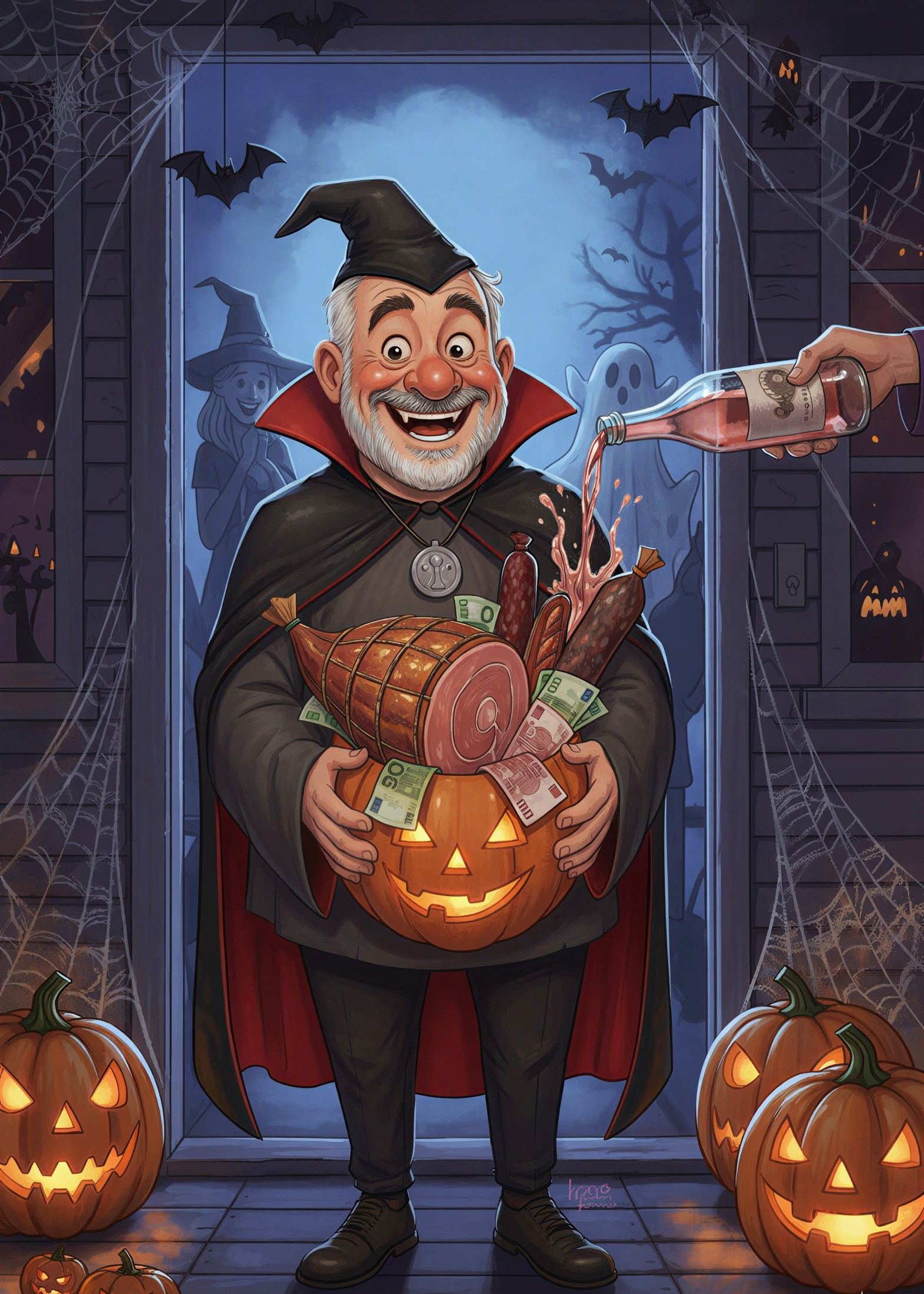 Cheerful Vampire at Decorated Halloween Doorstep