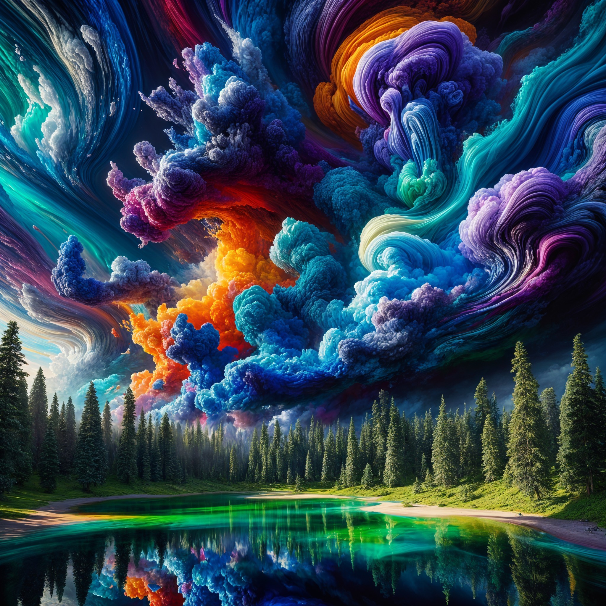 Vibrant Landscape with Colorful Sky and Serene Lake