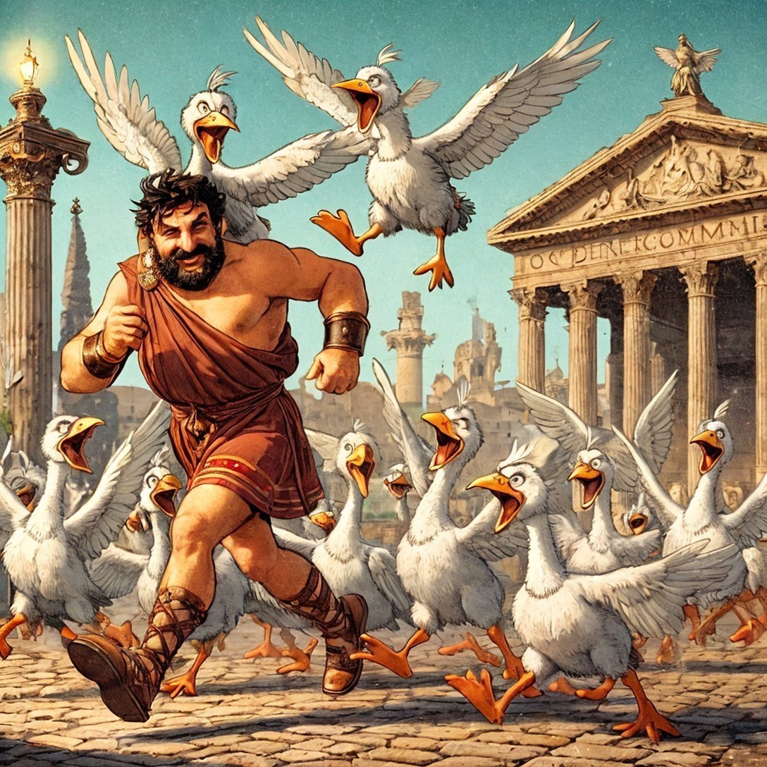 Muscular Man in Greek Attire Chased by Geese in Square