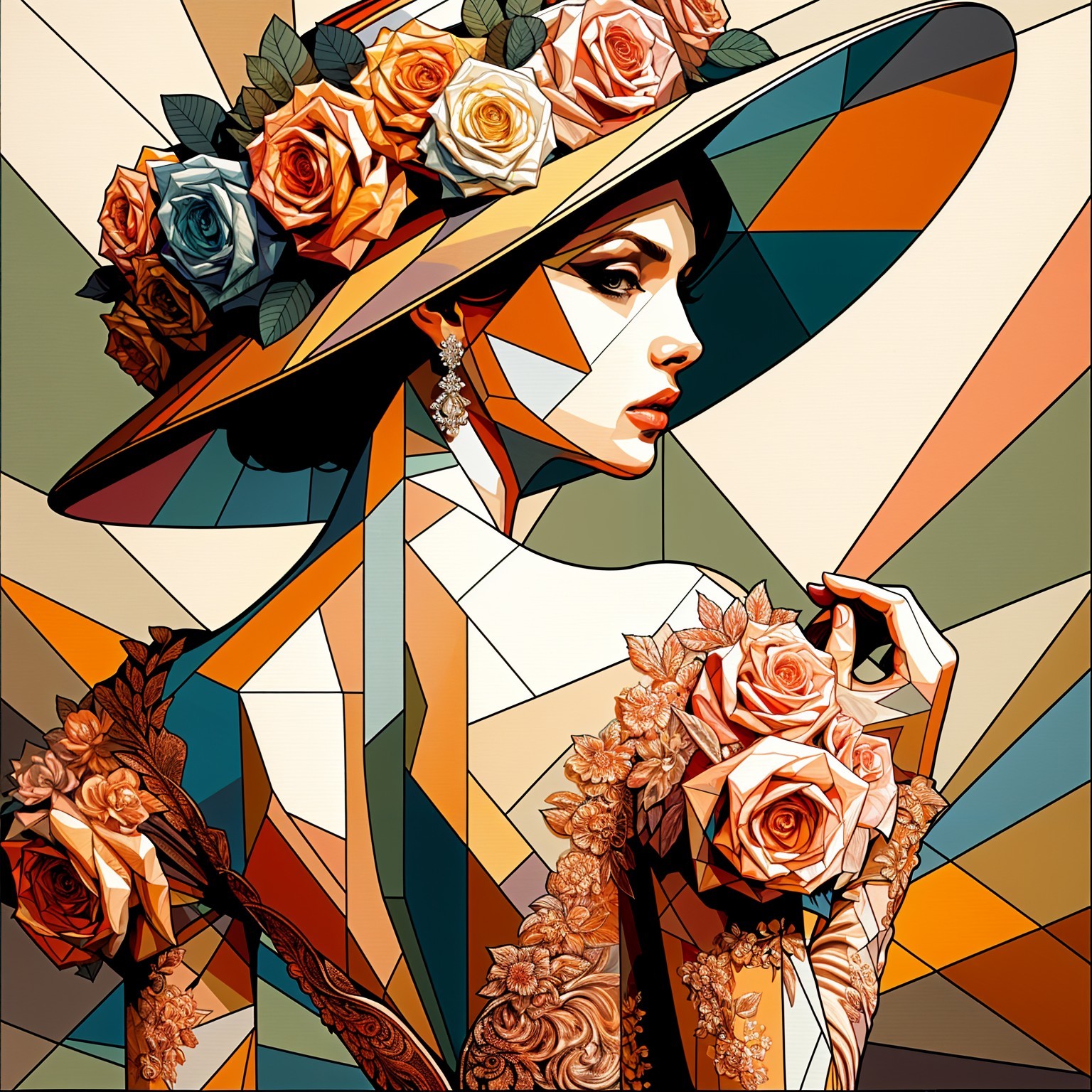 Elegant woman in a geometric floral dress and hat