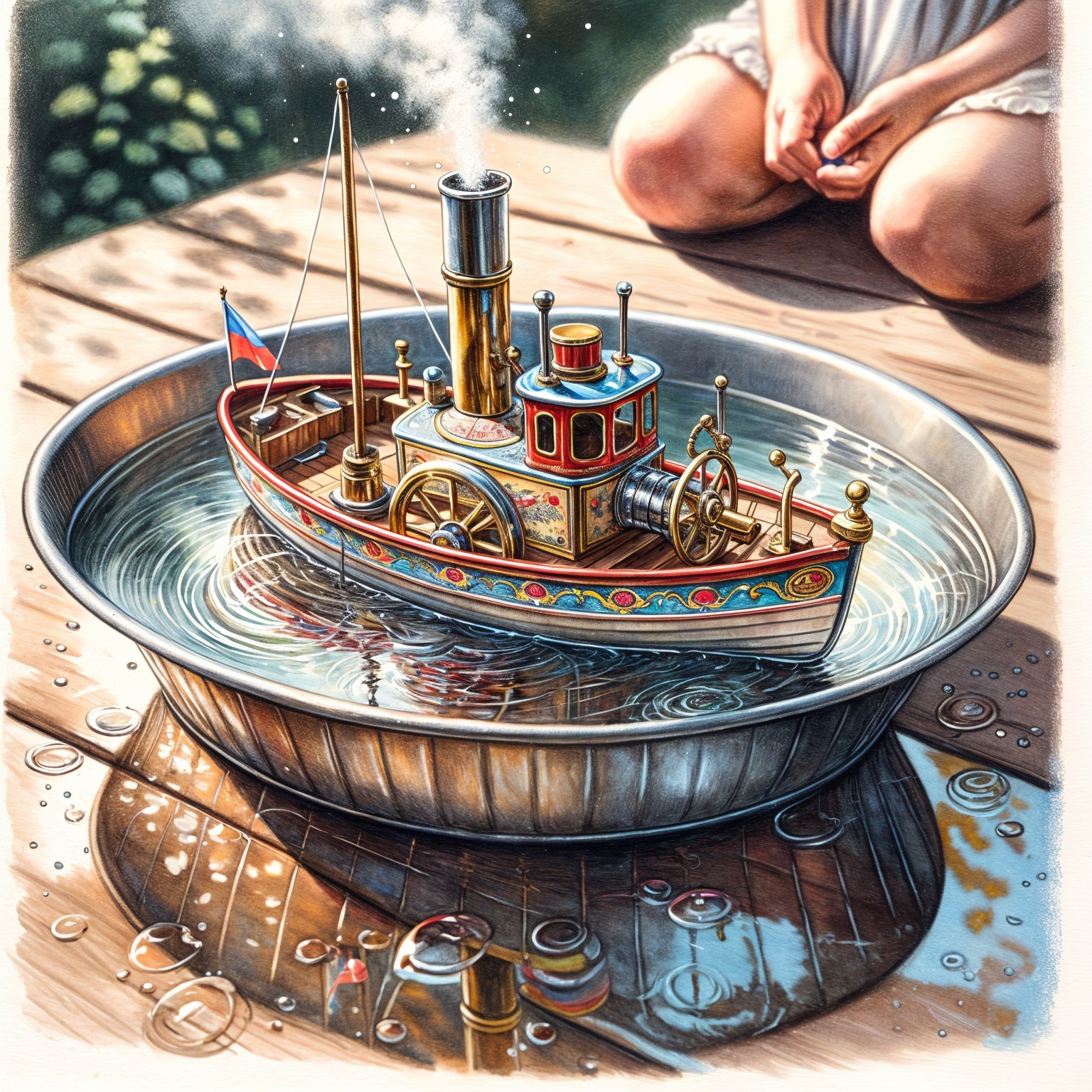 Colorful Steam-Powered Toy Boat in Water Bowl