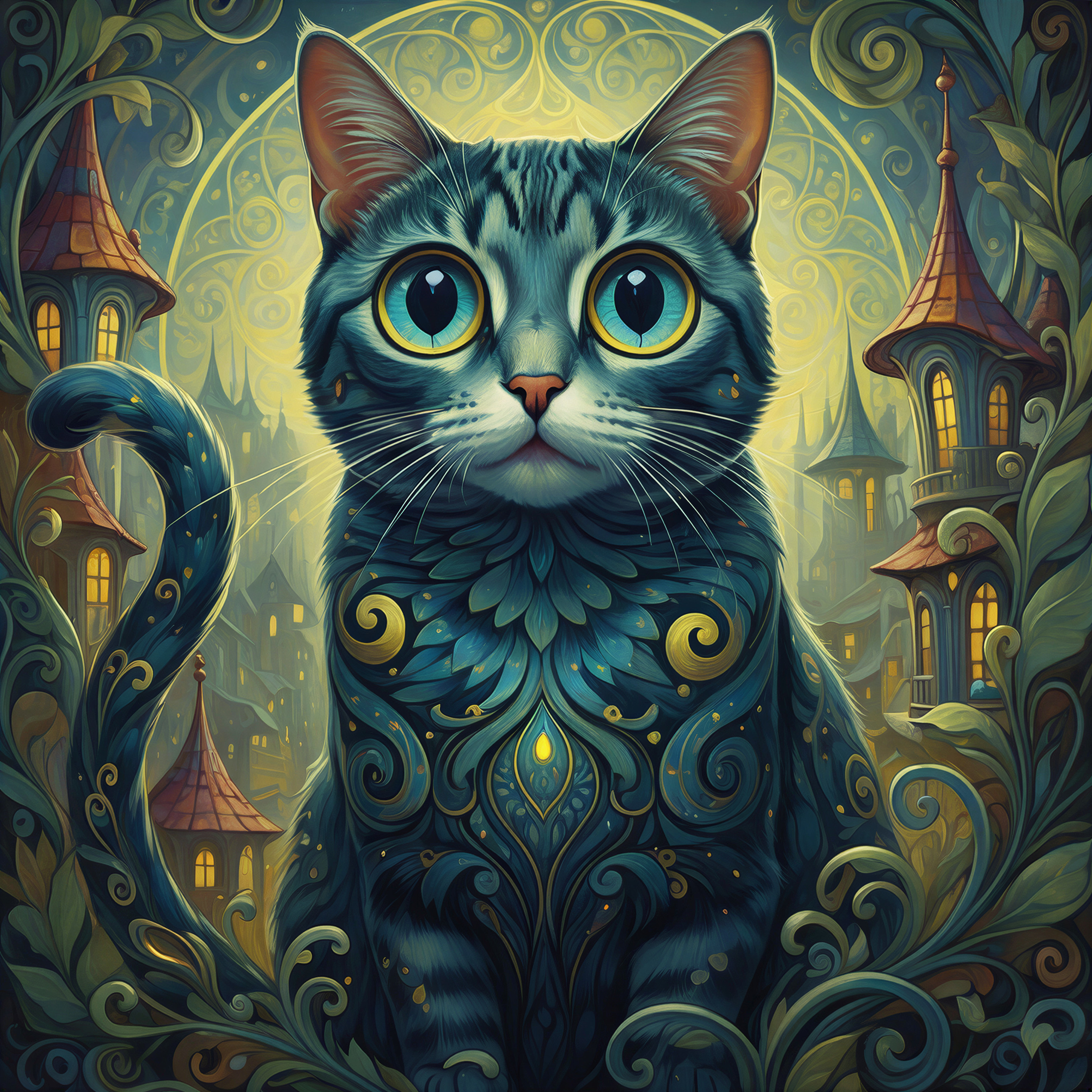 Intricate Cat Artwork in Whimsical Night Scene