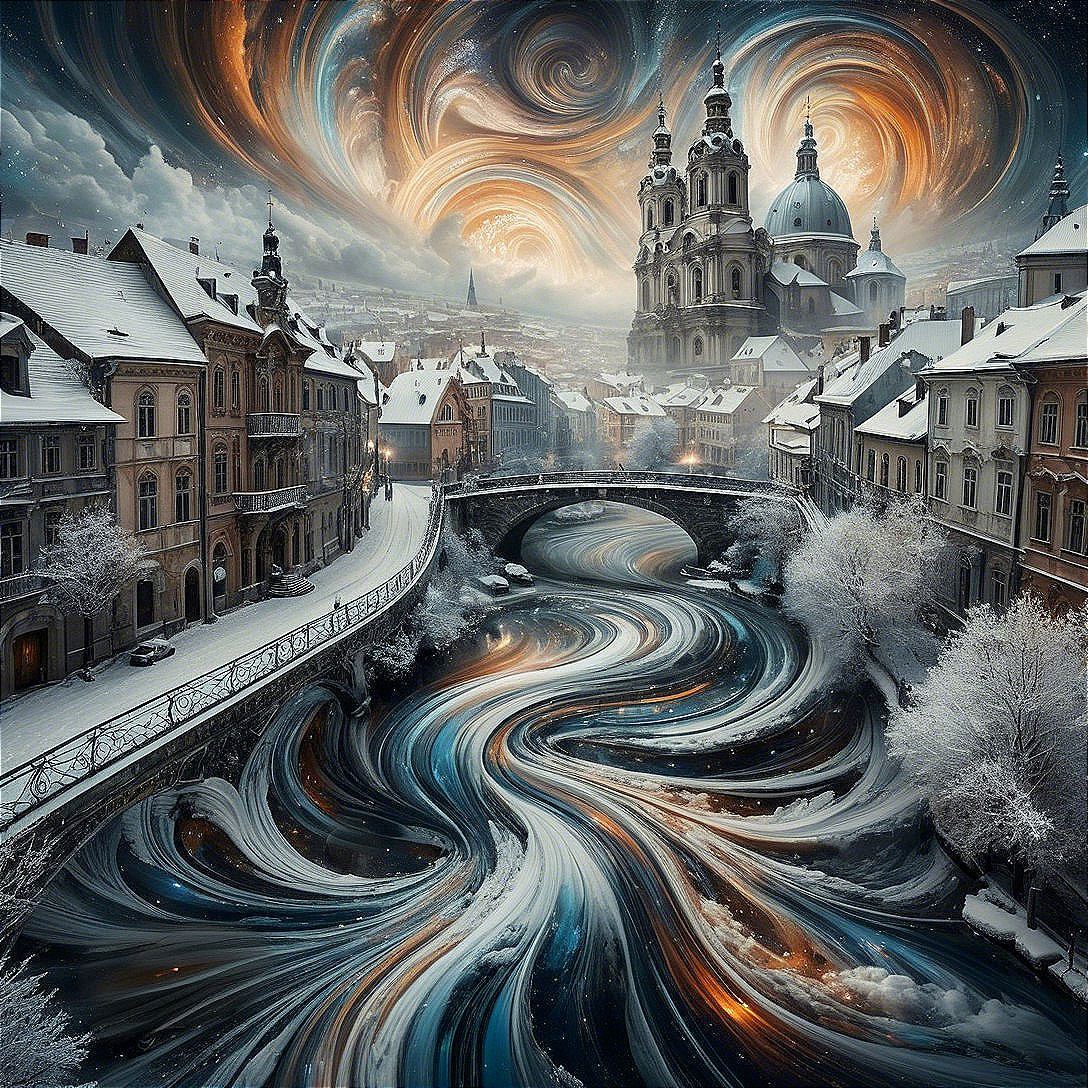 Surreal Winter Landscape with Colorful River and Church