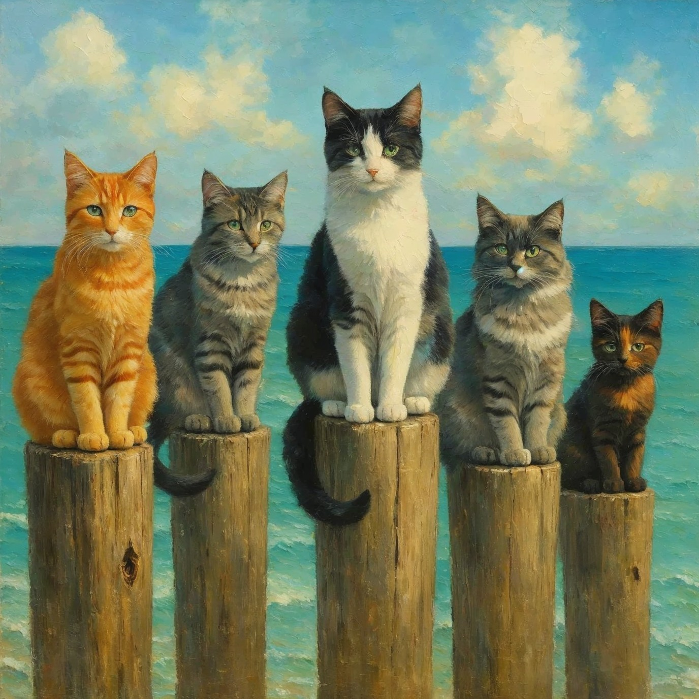 Whimsical Painting of Cats by the Shoreline