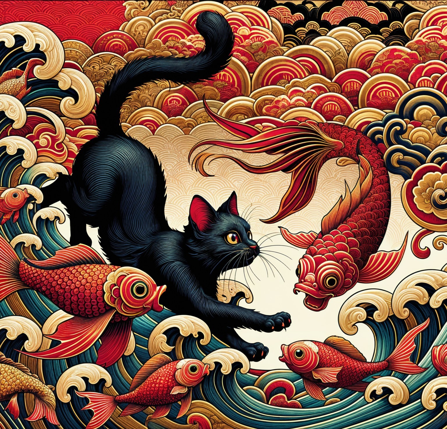 Black Cat Among Koi Fish and Swirling Waves Illustration