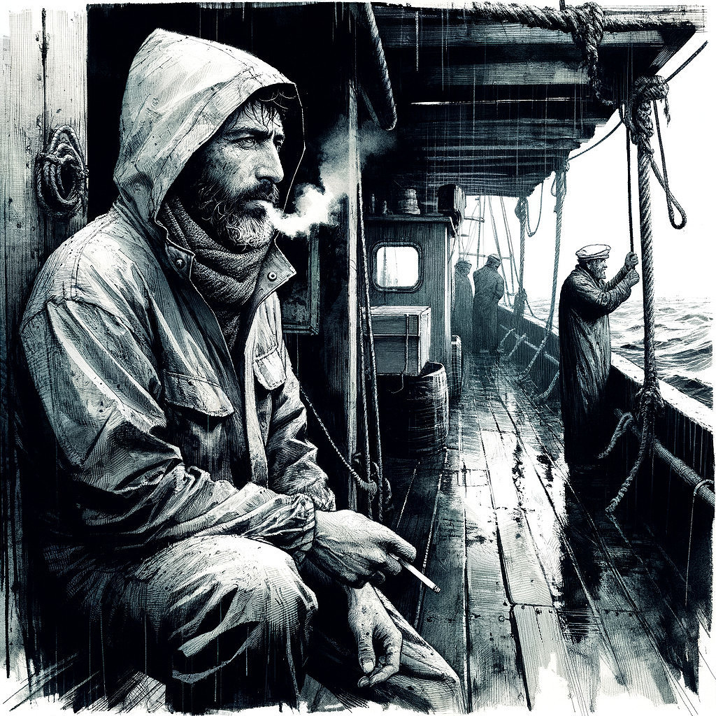 Fisherman in Raincoat on Boat Amidst Choppy Waves