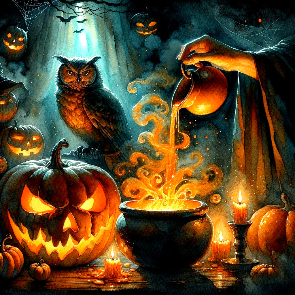 Halloween Scene with Cloaked Figure and Cauldron