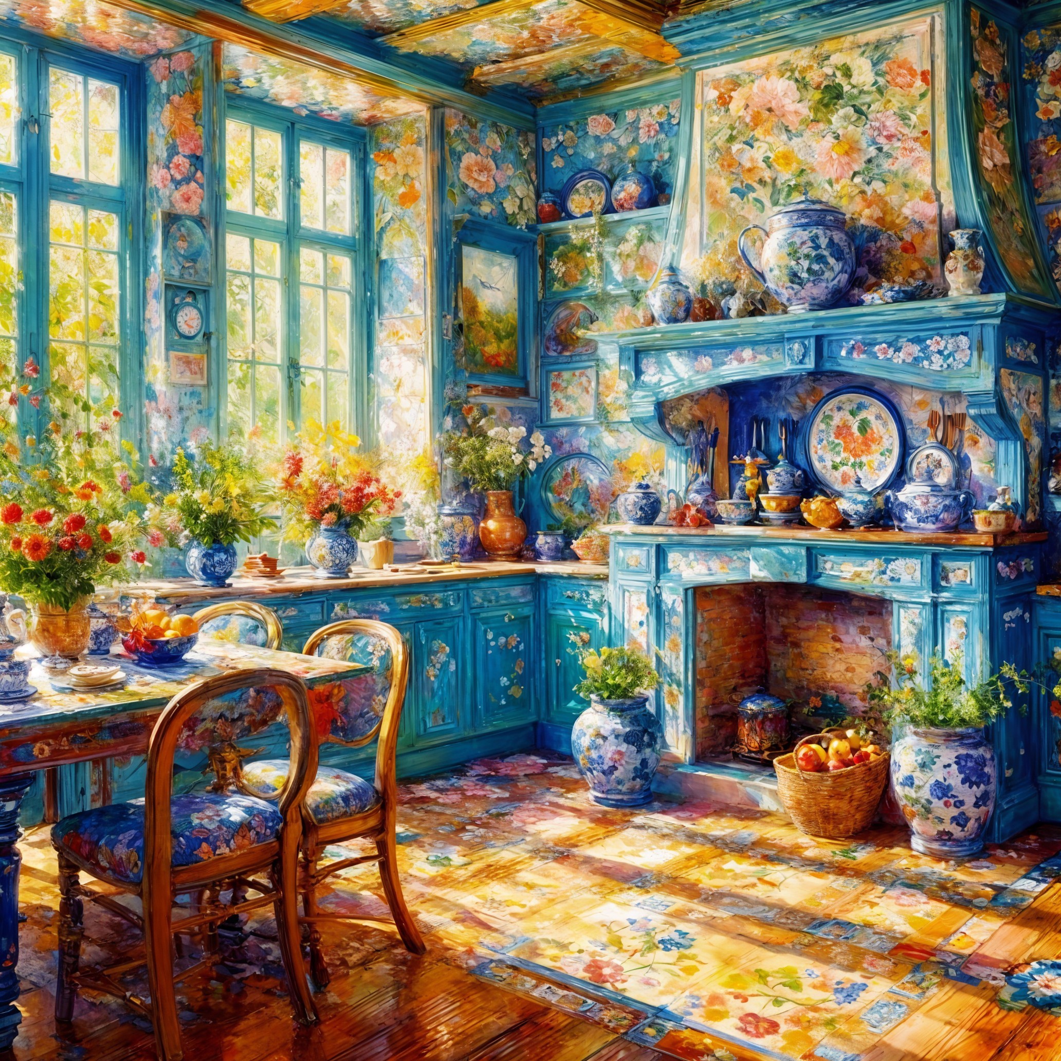 Vibrant Sunlit Kitchen with Floral Patterns and Blue Tones