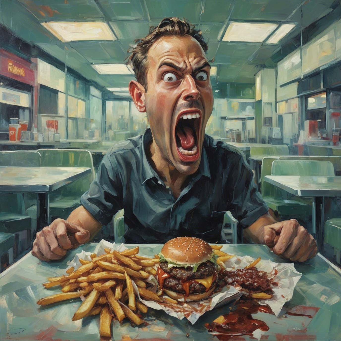 Man in Diner Eating Double Cheeseburger and Fries