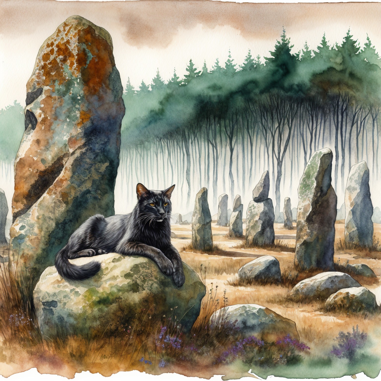 Misty Landscape with Black Cat and Ancient Monoliths
