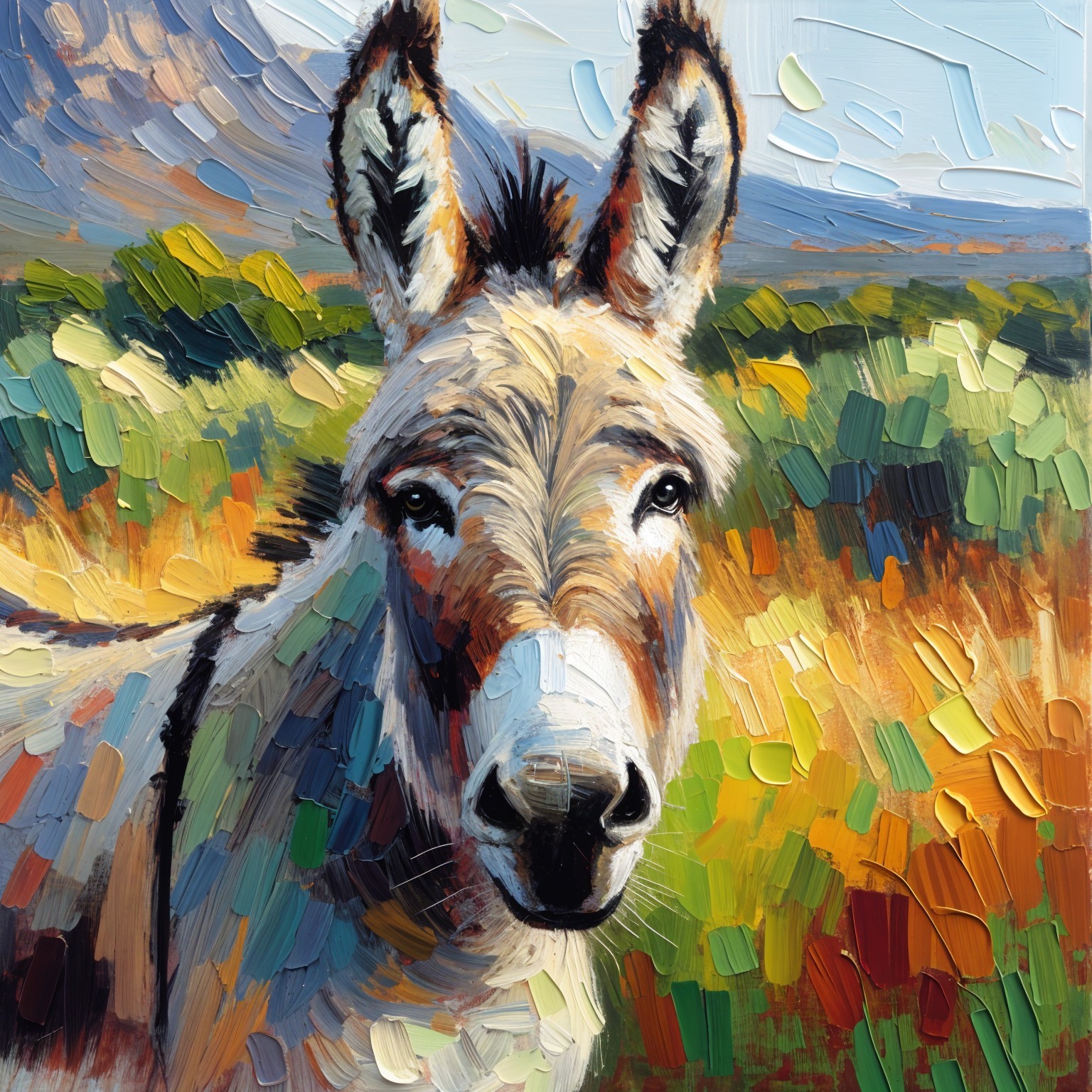 Textured Painting of a Donkey's Face in Bold Colors