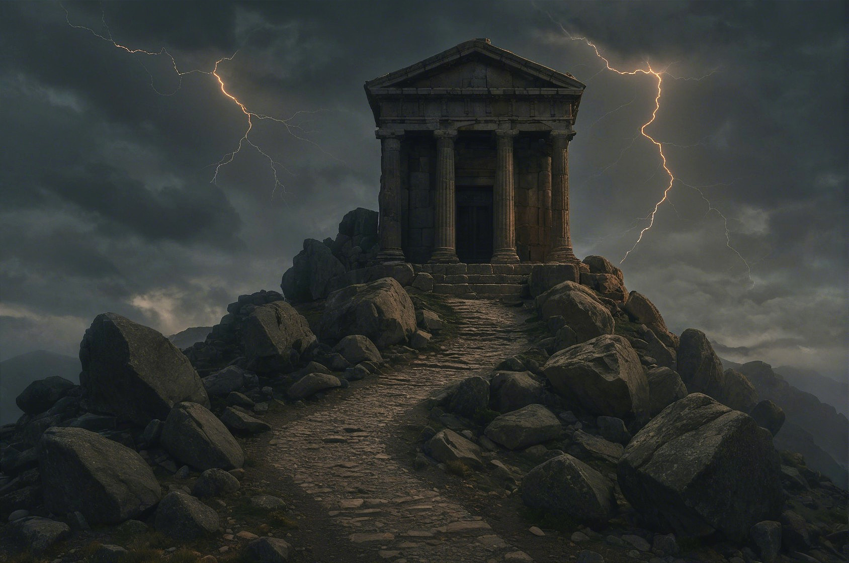 Ancient Temple on Rocky Hill Amidst Stormy Skies