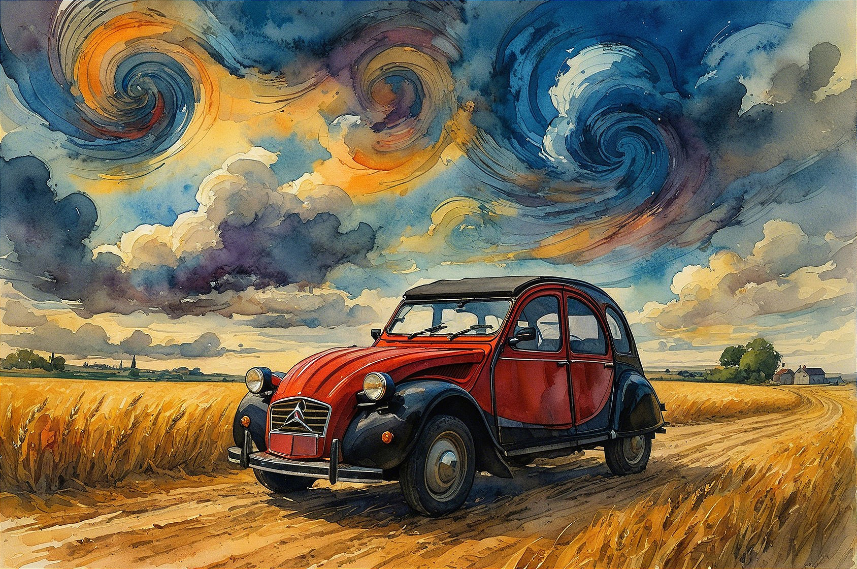 Vintage Red and Black Car in Wheat Field Landscape