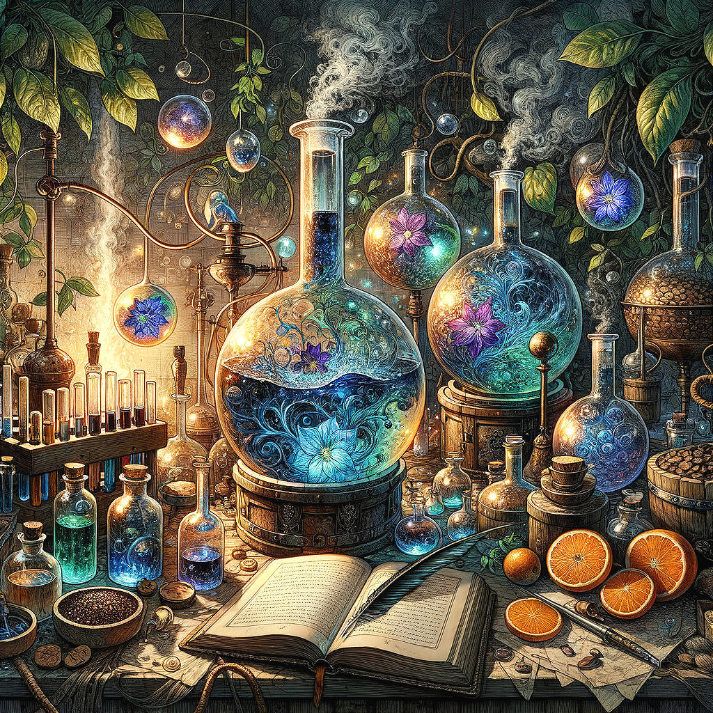 Mystical Laboratory with Colorful Flasks and Nature Elements