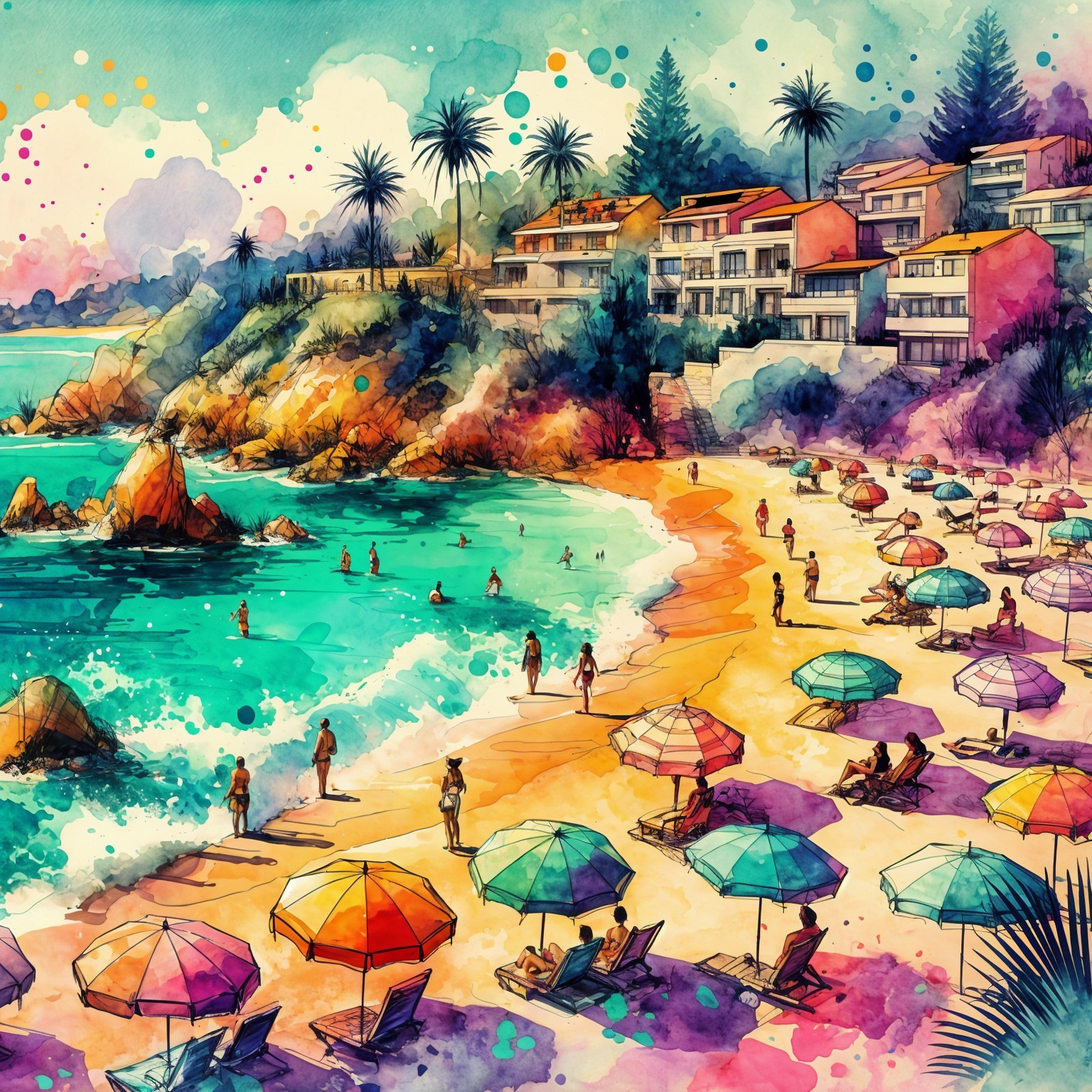 Vibrant Beach Scene with Colorful Shoreline and Waves