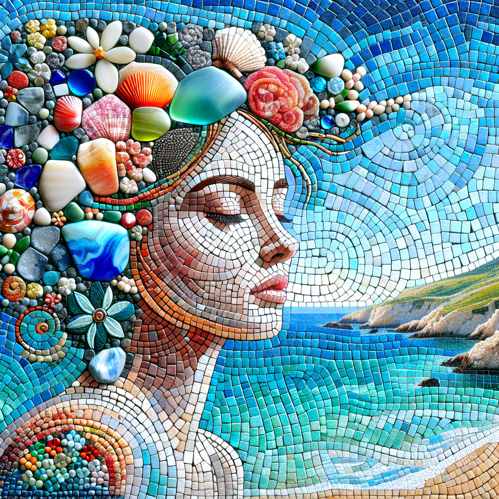 Mosaic Artwork of Serene Female Figure by the Sea