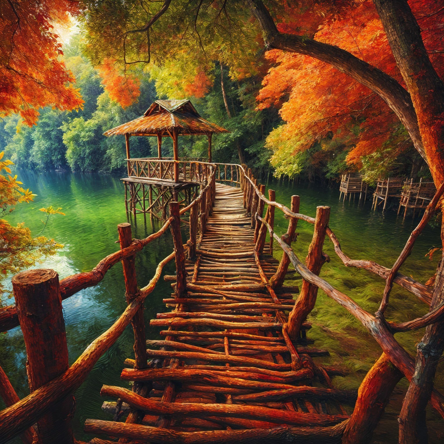 Wooden Pathway and Gazebo Amid Autumn Foliage