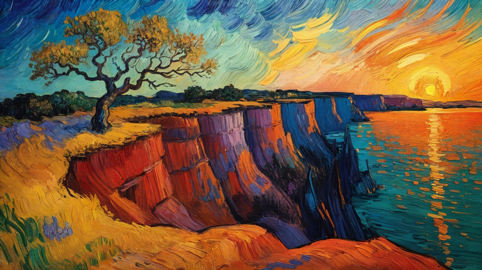 Vibrant Sunset Over Cliffside with Silhouetted Tree