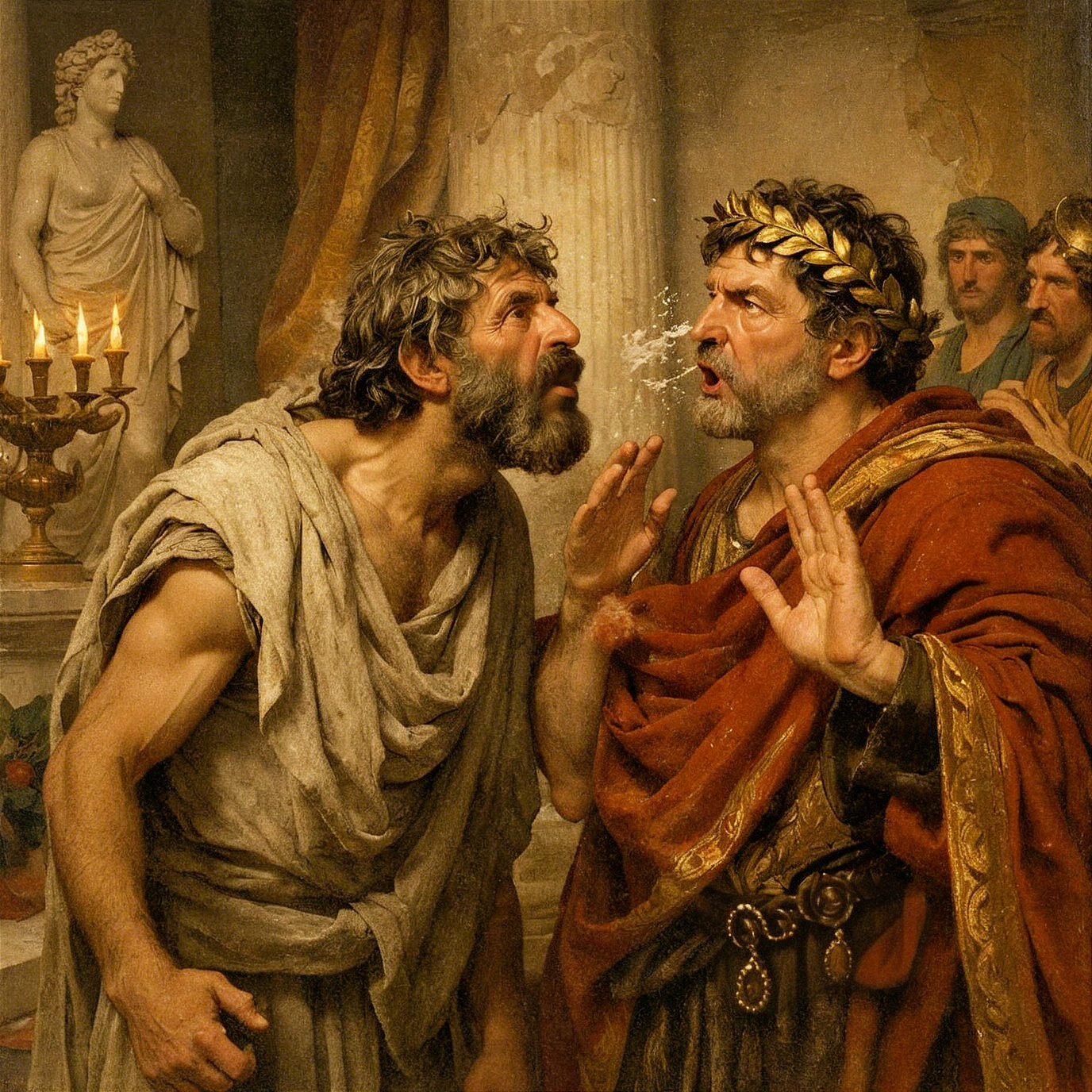 Close-up of Two Bearded Men in Roman Attire