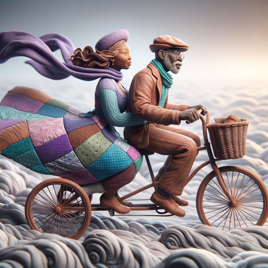 Whimsical Sculpture of Couple on Bicycle in Clouds